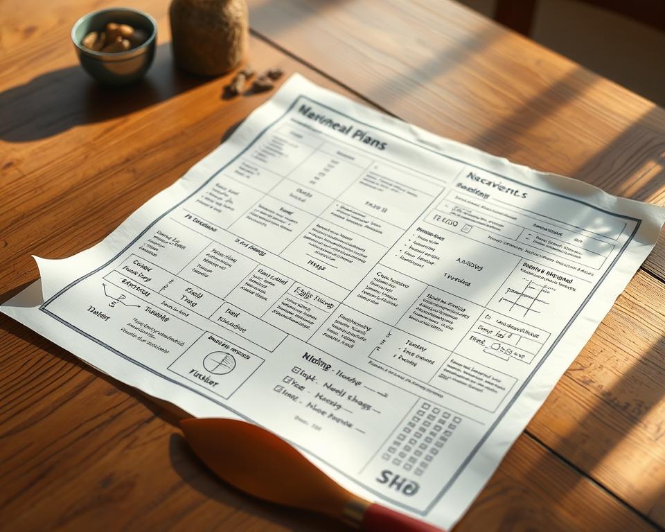 A detailed, hand-drawn blueprint of a weekly meal plan for the Sabbath, laid out on a wooden table. The plan includes a schedule of dishes, ingredients, and preparation steps, all neatly organized and annotated. Soft, warm lighting illuminates the scene, casting gentle shadows and highlighting the textures of the wooden surface and the crisp, clean lines of the plan. The atmosphere is one of careful preparation, organization, and a sense of restfulness and anticipation for the upcoming Shabbat. A detailed, hand-drawn blueprint of a weekly meal plan for the Sabbath, laid out on a wooden table. The plan includes a schedule of dishes, ingredients, and preparation steps, all neatly organized and annotated. Soft, warm lighting illuminates the scene, casting gentle shadows and highlighting the textures of the wooden surface and the crisp, clean lines of the plan. The atmosphere is one of careful preparation, organization, and a sense of restfulness and anticipation for the upcoming Shabbat.