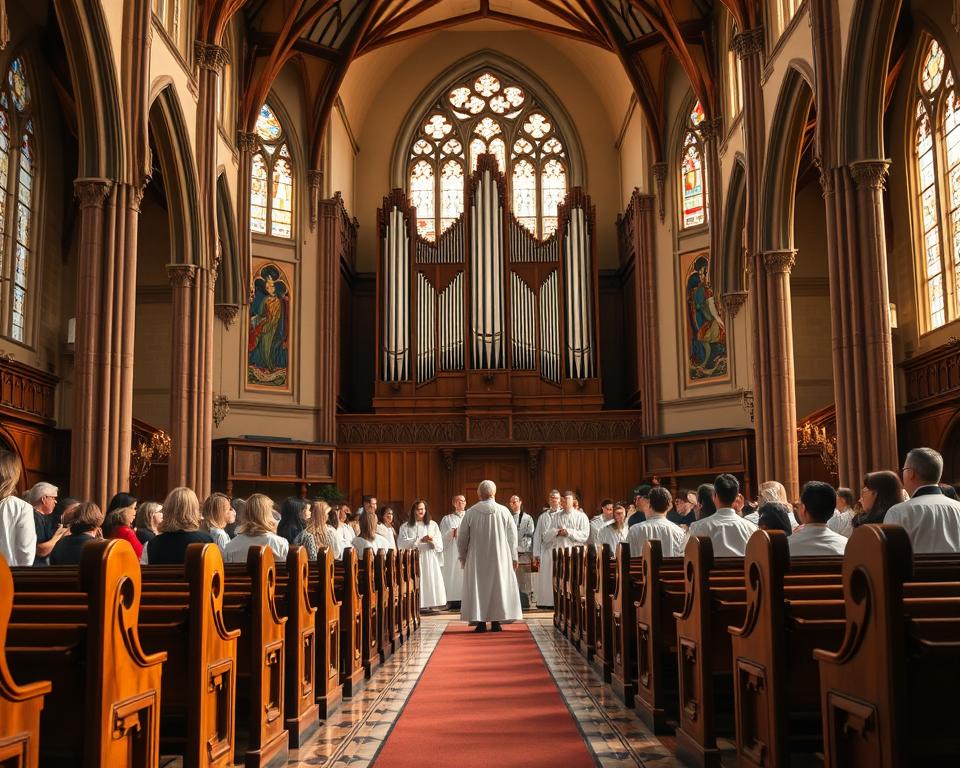A grand, Gothic-inspired church interior with warm, natural lighting filtering through stained glass windows. Rows of ornate wooden pews stretch towards the altar, where a majestic pipe organ dominates the space. Choir members in flowing white robes stand before the congregation, their voices resonating through the acoustically-designed sanctuary. The atmosphere exudes a sense of reverence and spiritual tranquility, befitting the Adventist tradition of sacred music and worship. A grand, Gothic-inspired church interior with warm, natural lighting filtering through stained glass windows. Rows of ornate wooden pews stretch towards the altar, where a majestic pipe organ dominates the space. Choir members in flowing white robes stand before the congregation, their voices resonating through the acoustically-designed sanctuary. The atmosphere exudes a sense of reverence and spiritual tranquility, befitting the Adventist tradition of sacred music and worship.