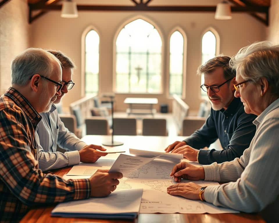 A group of church leaders gathered around a table, deep in discussion. Warm, natural lighting illuminates their faces as they pore over documents and maps, planning their outreach strategy. The scene exudes a sense of intentionality and collaboration, with each leader contributing their unique perspective. In the background, a church sanctuary can be seen through the windows, symbolizing the larger congregation they serve. The overall atmosphere is one of focused determination, as they work together to discern the best way to engage their community. A group of church leaders gathered around a table, deep in discussion. Warm, natural lighting illuminates their faces as they pore over documents and maps, planning their outreach strategy. The scene exudes a sense of intentionality and collaboration, with each leader contributing their unique perspective. In the background, a church sanctuary can be seen through the windows, symbolizing the larger congregation they serve. The overall atmosphere is one of focused determination, as they work together to discern the best way to engage their community.