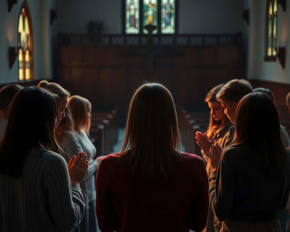 A group of people in a prayer circle, heads bowed, hands clasped together. The room is bathed in a warm, ambient light, casting a soft glow on their faces. The atmosphere is one of reverence and deep contemplation, as they seek guidance and connection with the divine. In the background, a simple yet elegant church interior, with wooden pews and stained glass windows, creating a serene and sacred environment. The composition is balanced, with the focus on the central prayer circle, and the church setting framing and supporting the spiritual moment. The level of detail is exceptional, capturing the nuances of the scene in a natural, photorealistic manner. A group of people in a prayer circle, heads bowed, hands clasped together. The room is bathed in a warm, ambient light, casting a soft glow on their faces. The atmosphere is one of reverence and deep contemplation, as they seek guidance and connection with the divine. In the background, a simple yet elegant church interior, with wooden pews and stained glass windows, creating a serene and sacred environment. The composition is balanced, with the focus on the central prayer circle, and the church setting framing and supporting the spiritual moment. The level of detail is exceptional, capturing the nuances of the scene in a natural, photorealistic manner.