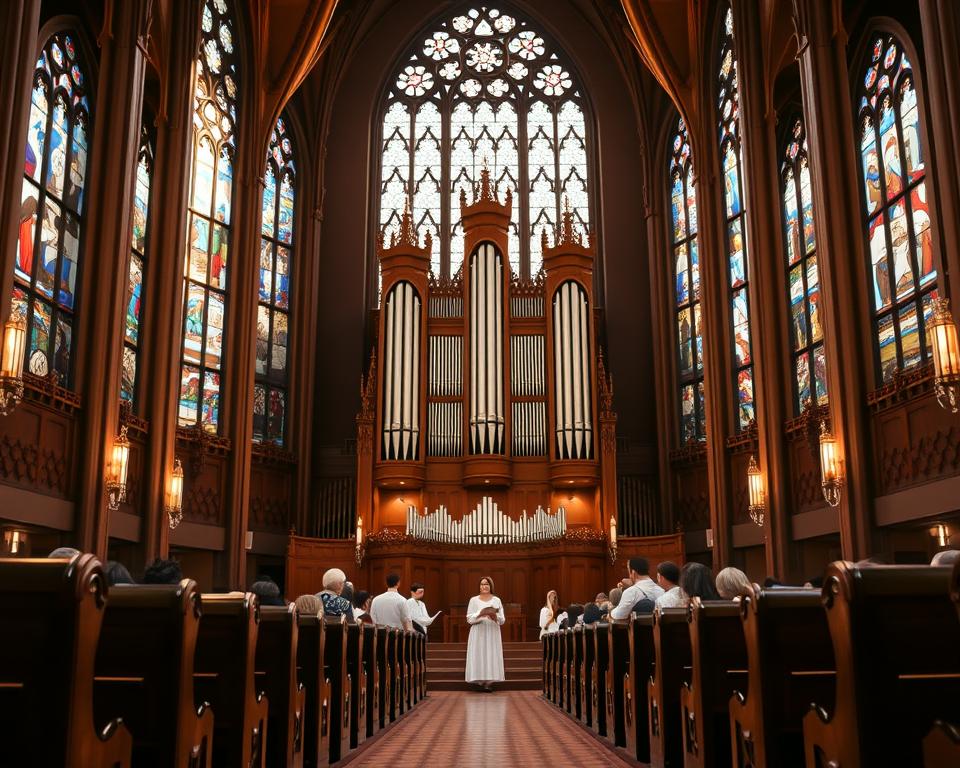 A majestic church interior bathed in warm, natural lighting. Towering stained-glass windows cast kaleidoscopic hues across the ornate wooden pews. In the center, a grand pipe organ dominates the stage, its intricate pipes and gilded facade gleaming. A small choir, robed in flowing white, stands before the congregation, their voices blending in a soulful, harmonious hymn. The atmosphere is one of reverence and spiritual transcendence, as worshippers lose themselves in the timeless beauty of Adventist sacred music. A majestic church interior bathed in warm, natural lighting. Towering stained-glass windows cast kaleidoscopic hues across the ornate wooden pews. In the center, a grand pipe organ dominates the stage, its intricate pipes and gilded facade gleaming. A small choir, robed in flowing white, stands before the congregation, their voices blending in a soulful, harmonious hymn. The atmosphere is one of reverence and spiritual transcendence, as worshippers lose themselves in the timeless beauty of Adventist sacred music.