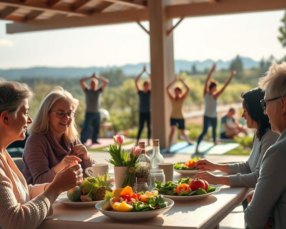 A peaceful, sunlit gathering of Seventh-day Adventists engaged in various health-conscious activities. In the foreground, a group of people enjoying a wholesome, plant-based meal together. In the middle ground, a scene of exercise and physical activity, with individuals practicing yoga or other low-impact workouts. In the background, a serene natural setting, perhaps with a garden or orchard, symbolizing the Adventist emphasis on a harmonious relationship with the environment. The overall mood is one of tranquility, community, and a deep-rooted commitment to holistic well-being, as reflected in the Adventist faith. A peaceful, sunlit gathering of Seventh-day Adventists engaged in various health-conscious activities. In the foreground, a group of people enjoying a wholesome, plant-based meal together. In the middle ground, a scene of exercise and physical activity, with individuals practicing yoga or other low-impact workouts. In the background, a serene natural setting, perhaps with a garden or orchard, symbolizing the Adventist emphasis on a harmonious relationship with the environment. The overall mood is one of tranquility, community, and a deep-rooted commitment to holistic well-being, as reflected in the Adventist faith.