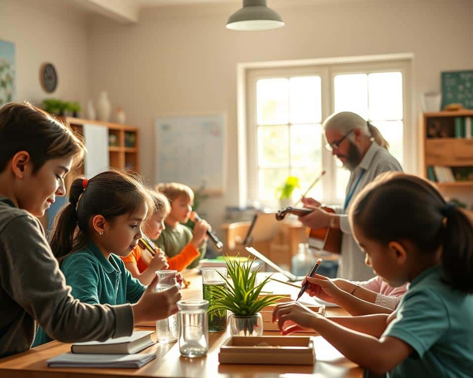 A serene, sun-dappled classroom, where students of diverse backgrounds engage in harmonious activities that nurture their intellectual, physical, social, and spiritual growth. In the foreground, a group of young learners work collaboratively on a hands-on science experiment, their faces alight with wonder. In the middle ground, others practice musical instruments, their melodies filling the air with joy. In the background, a teacher guides a student through a thoughtful discussion, fostering a deep connection to the biblical principles that inform their holistic development. The overall scene exudes a sense of balance, purpose, and a reverence for the divine, capturing the essence of a Bible-based education that cultivates the whole person. A serene, sun-dappled classroom, where students of diverse backgrounds engage in harmonious activities that nurture their intellectual, physical, social, and spiritual growth. In the foreground, a group of young learners work collaboratively on a hands-on science experiment, their faces alight with wonder. In the middle ground, others practice musical instruments, their melodies filling the air with joy. In the background, a teacher guides a student through a thoughtful discussion, fostering a deep connection to the biblical principles that inform their holistic development. The overall scene exudes a sense of balance, purpose, and a reverence for the divine, capturing the essence of a Bible-based education that cultivates the whole person.