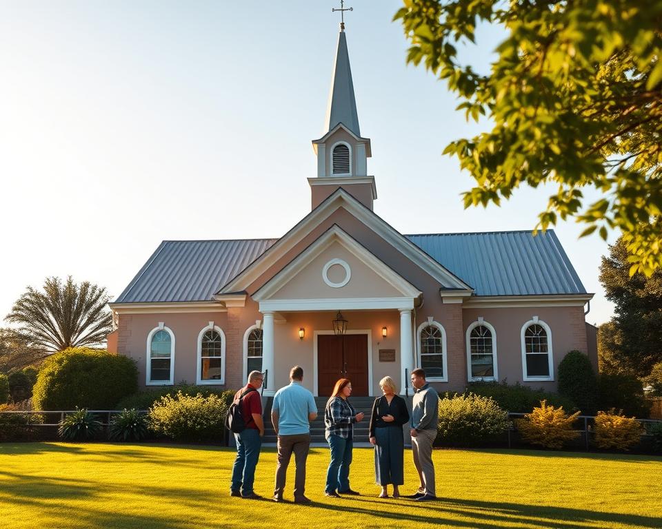 A serene, well-lit exterior of a seventh-day adventist church, with a prominent steeple and a warm, inviting facade. The building is surrounded by lush greenery and a neatly manicured lawn, reflecting the church's emphasis on health and wellness. The scene is bathed in soft, natural light, highlighting the clean lines and intricate architectural details of the structure. In the foreground, a group of congregants engage in friendly conversation, embodying the church's sense of community and support for its members. The overall atmosphere exudes a peaceful, contemplative ambiance, in keeping with the church's principles and teachings. A serene, well-lit exterior of a seventh-day adventist church, with a prominent steeple and a warm, inviting facade. The building is surrounded by lush greenery and a neatly manicured lawn, reflecting the church's emphasis on health and wellness. The scene is bathed in soft, natural light, highlighting the clean lines and intricate architectural details of the structure. In the foreground, a group of congregants engage in friendly conversation, embodying the church's sense of community and support for its members. The overall atmosphere exudes a peaceful, contemplative ambiance, in keeping with the church's principles and teachings.