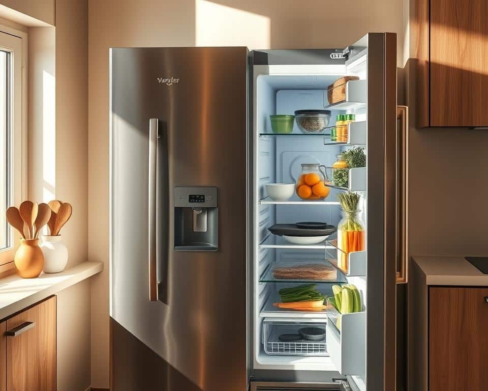 A stainless steel refrigerator, its sleek and modern design complementing the kitchen's warm, earthy tones. The fridge's gleaming exterior reflects the soft, natural light filtering through the window, casting gentle shadows that accentuate its clean lines. The interior, visible through the partially opened door, is neatly organized, with fresh ingredients and Sabbath meal essentials meticulously arranged on the well-lit shelves. The fridge's powerful cooling capabilities ensure the food remains perfectly preserved, ready to be transformed into the delicious, nourishing dishes that will grace the Sabbath table. A stainless steel refrigerator, its sleek and modern design complementing the kitchen's warm, earthy tones. The fridge's gleaming exterior reflects the soft, natural light filtering through the window, casting gentle shadows that accentuate its clean lines. The interior, visible through the partially opened door, is neatly organized, with fresh ingredients and Sabbath meal essentials meticulously arranged on the well-lit shelves. The fridge's powerful cooling capabilities ensure the food remains perfectly preserved, ready to be transformed into the delicious, nourishing dishes that will grace the Sabbath table.