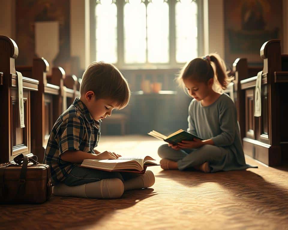 children sitting on floor reading Scripture, young boy and girl engaged in worship, soft morning light streaming through window, warm and inviting atmosphere, wooden pews in background, religious imagery and symbols subtly present, peaceful and contemplative mood, high-resolution photorealistic children sitting on floor reading Scripture, young boy and girl engaged in worship, soft morning light streaming through window, warm and inviting atmosphere, wooden pews in background, religious imagery and symbols subtly present, peaceful and contemplative mood, high-resolution photorealistic