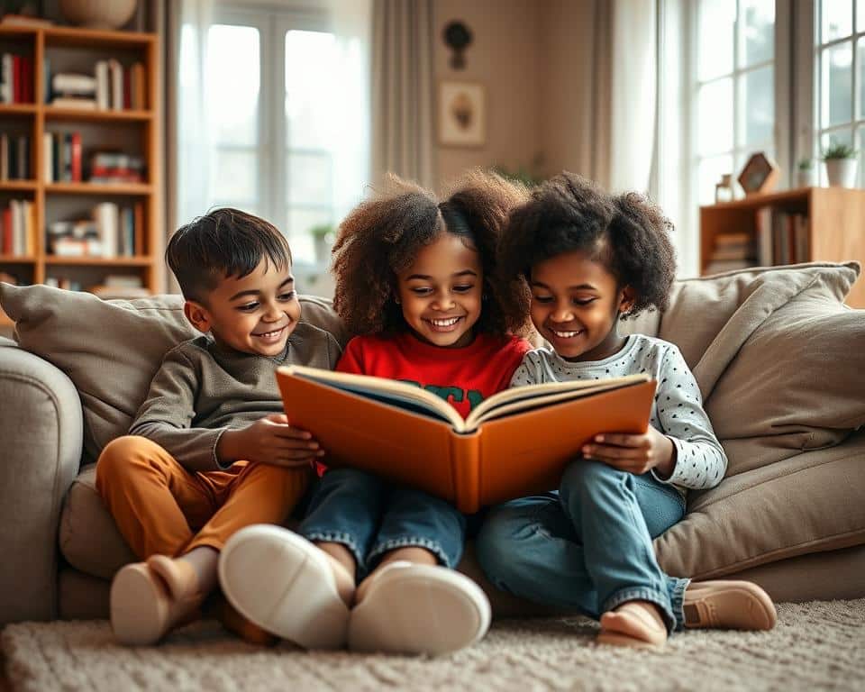 ultra realistic photo in natural lighting, 4k detail, 3 children of diverse ethnicities sitting on a couch in a cozy living room, smiling and reading a book together, warm and soft lighting from nearby windows, hardwood floors, bookshelves in the background, the children's faces and expressions show a sense of wonder and curiosity as they engage with the book, conveying the importance of faith-based education starting at home ultra realistic photo in natural lighting, 4k detail, 3 children of diverse ethnicities sitting on a couch in a cozy living room, smiling and reading a book together, warm and soft lighting from nearby windows, hardwood floors, bookshelves in the background, the children's faces and expressions show a sense of wonder and curiosity as they engage with the book, conveying the importance of faith-based education starting at home
