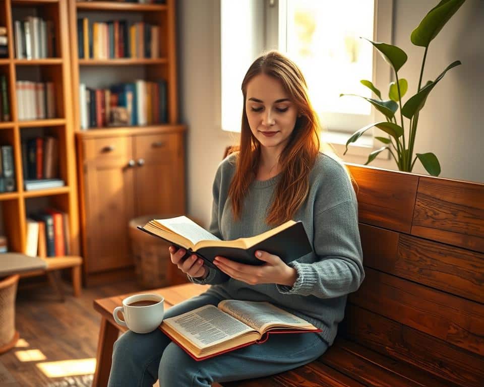 ultra realistic photo in natural lighting, 4k detail, a person sitting on a wooden bench, holding an open Bible in their hands, with a cup of coffee and a journal beside them, the scene set in a cozy home interior with a bookshelf and a potted plant in the background, the person has a peaceful, contemplative expression on their face as they study the scriptures, warm sunlight streaming through a nearby window, creating a serene and inviting atmosphere for morning devotional time ultra realistic photo in natural lighting, 4k detail, a person sitting on a wooden bench, holding an open Bible in their hands, with a cup of coffee and a journal beside them, the scene set in a cozy home interior with a bookshelf and a potted plant in the background, the person has a peaceful, contemplative expression on their face as they study the scriptures, warm sunlight streaming through a nearby window, creating a serene and inviting atmosphere for morning devotional time