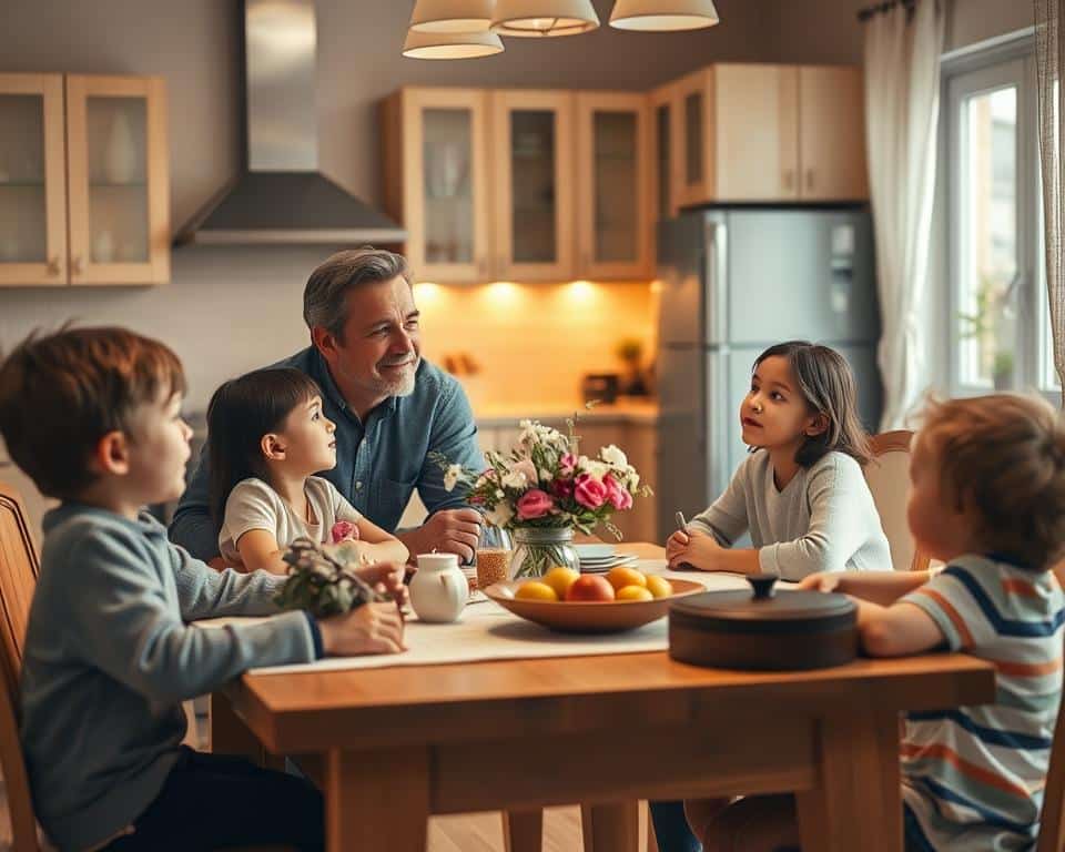 ultra realistic photo in natural lighting, 4k detail of a close-knit family gathered around a dining table in a cozy, warm-lit kitchen. The parents sit at the head, with their young children seated on either side. They are engaged in an animated discussion, their expressions conveying a sense of connection and purpose. The composition emphasizes the family's unity, with subtle details like a bouquet of fresh flowers, a bowl of fruit, and a family heirloom decorating the table, creating a welcoming and inviting atmosphere. The lighting is soft and natural, highlighting the warmth and intimacy of the scene. ultra realistic photo in natural lighting, 4k detail of a close-knit family gathered around a dining table in a cozy, warm-lit kitchen. The parents sit at the head, with their young children seated on either side. They are engaged in an animated discussion, their expressions conveying a sense of connection and purpose. The composition emphasizes the family's unity, with subtle details like a bouquet of fresh flowers, a bowl of fruit, and a family heirloom decorating the table, creating a welcoming and inviting atmosphere. The lighting is soft and natural, highlighting the warmth and intimacy of the scene.