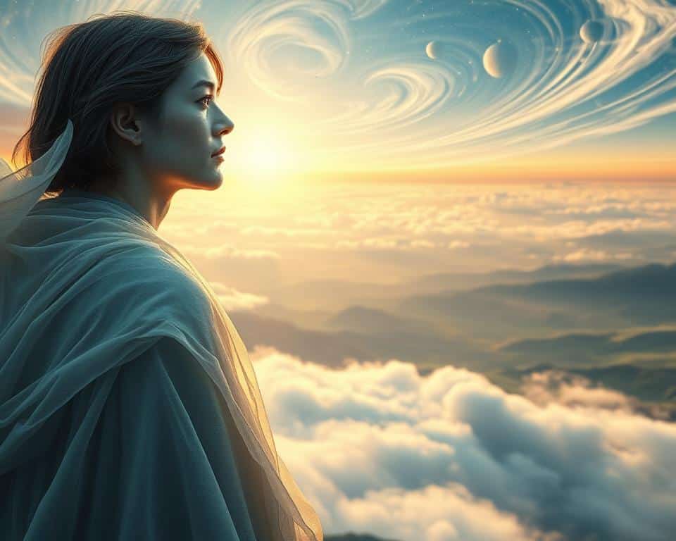 ultra realistic photo in natural lighting, 4k detail of a mystical, divine being gazing upon a vast, ethereal landscape. In the foreground, a celestial figure with a serene, otherworldly expression, cloaked in flowing robes of shimmering, translucent fabric. The figure's features are subtly androgynous, exuding a sense of timeless wisdom and divine purpose. In the middle ground, a backdrop of swirling, luminescent clouds and celestial bodies, hinting at the figure's cosmic origins. In the distant background, a horizon of rolling hills and verdant valleys, bathed in a warm, golden glow, symbolizing the natural world under the watchful eye of this divine entity. ultra realistic photo in natural lighting, 4k detail of a mystical, divine being gazing upon a vast, ethereal landscape. In the foreground, a celestial figure with a serene, otherworldly expression, cloaked in flowing robes of shimmering, translucent fabric. The figure's features are subtly androgynous, exuding a sense of timeless wisdom and divine purpose. In the middle ground, a backdrop of swirling, luminescent clouds and celestial bodies, hinting at the figure's cosmic origins. In the distant background, a horizon of rolling hills and verdant valleys, bathed in a warm, golden glow, symbolizing the natural world under the watchful eye of this divine entity.