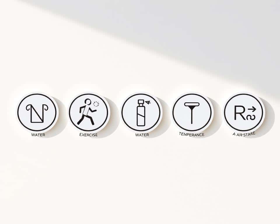 ultra realistic photo in natural lighting, 4k detail of seven circular icons arranged in a row, each depicting one of the NEW START principles: N - Nutrition, E - Exercise, W - Water, S - Sunshine, T - Temperance, A - Air, R - Rest. The icons are simple, minimalist designs in a monochromatic color scheme, conveying the essence of each principle. The icons are placed against a plain, light-colored background, creating a clean, uncluttered composition that allows the details of the principles to shine.