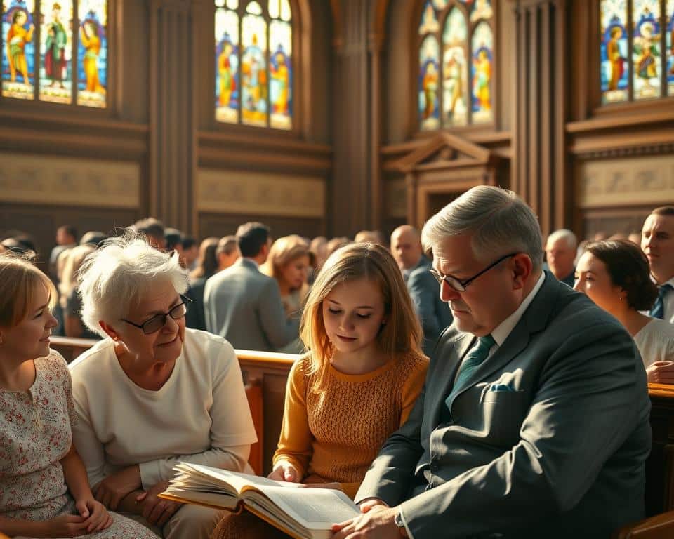 A group of Seventh-day Adventists gathered in a church, dressed in their Sunday best, engaged in deep discussion and fellowship. The sunlight streams in through stained glass windows, casting a warm, reverent glow over the scene. In the foreground, a family sits together, the parents guiding their children in study of the Bible. In the middle, the congregation mingles, their expressions thoughtful and introspective. In the background, the sanctuary's grand architecture frames the gathering, exuding a sense of timeless tradition and unwavering faith. This ultra-realistic 4K image captures the essence of the Adventist community, their commitment to scriptural teachings, and the centrality of the family in their spiritual lives. A group of Seventh-day Adventists gathered in a church, dressed in their Sunday best, engaged in deep discussion and fellowship. The sunlight streams in through stained glass windows, casting a warm, reverent glow over the scene. In the foreground, a family sits together, the parents guiding their children in study of the Bible. In the middle, the congregation mingles, their expressions thoughtful and introspective. In the background, the sanctuary's grand architecture frames the gathering, exuding a sense of timeless tradition and unwavering faith. This ultra-realistic 4K image captures the essence of the Adventist community, their commitment to scriptural teachings, and the centrality of the family in their spiritual lives.