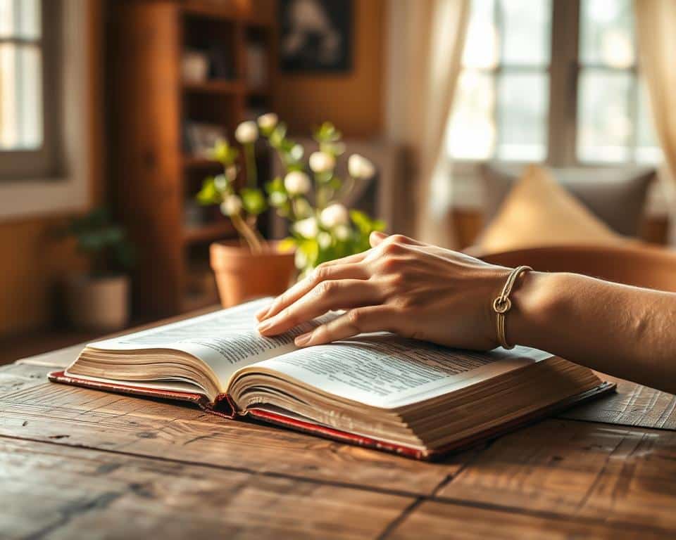 A serene and inviting scene depicting a beautiful, open Bible resting on a rustic wooden table, with soft, natural light streaming in from a nearby window. In the foreground, a pair of hands, adorned with a simple bracelet, are gently placed on the Bible, emphasizing a moment of contemplation and trust. The middle ground features delicate greenery, such as potted plants or a small vase of fresh flowers, symbolizing growth and peace. In the background, a tranquil room setting with warm, soft tones reflects a sense of faith and comfort. The atmosphere exudes calmness and reassurance, inviting the viewer to embrace the message of trusting in the Lord with all one’s heart in everyday choices. The image captures a sense of quiet reflection and warmth, creating an uplifting mood. A serene and inviting scene depicting a beautiful, open Bible resting on a rustic wooden table, with soft, natural light streaming in from a nearby window. In the foreground, a pair of hands, adorned with a simple bracelet, are gently placed on the Bible, emphasizing a moment of contemplation and trust. The middle ground features delicate greenery, such as potted plants or a small vase of fresh flowers, symbolizing growth and peace. In the background, a tranquil room setting with warm, soft tones reflects a sense of faith and comfort. The atmosphere exudes calmness and reassurance, inviting the viewer to embrace the message of trusting in the Lord with all one’s heart in everyday choices. The image captures a sense of quiet reflection and warmth, creating an uplifting mood.
