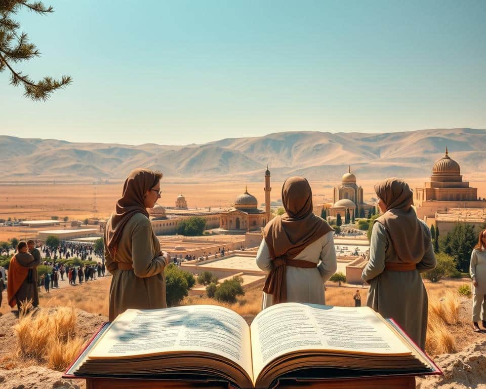 A serene landscape depicting a vast, sunlit valley where diverse nations gather to worship in peace. In the foreground, a group of individuals in modest casual clothing stands around an open Bible, sharing insights and reflecting a sense of unity and faith. In the middle ground, various architectural styles representing different cultures create an atmosphere of harmony, with ornate temples and peaceful community spaces. The background showcases gentle rolling hills under a clear blue sky, adding to the tranquility. Natural light filters through the trees, casting soft shadows and highlighting the warmth and connection among the people. The overall mood is one of reflection, cooperation, and spiritual fulfillment, capturing the essence of faith in action. A serene landscape depicting a vast, sunlit valley where diverse nations gather to worship in peace. In the foreground, a group of individuals in modest casual clothing stands around an open Bible, sharing insights and reflecting a sense of unity and faith. In the middle ground, various architectural styles representing different cultures create an atmosphere of harmony, with ornate temples and peaceful community spaces. The background showcases gentle rolling hills under a clear blue sky, adding to the tranquility. Natural light filters through the trees, casting soft shadows and highlighting the warmth and connection among the people. The overall mood is one of reflection, cooperation, and spiritual fulfillment, capturing the essence of faith in action.