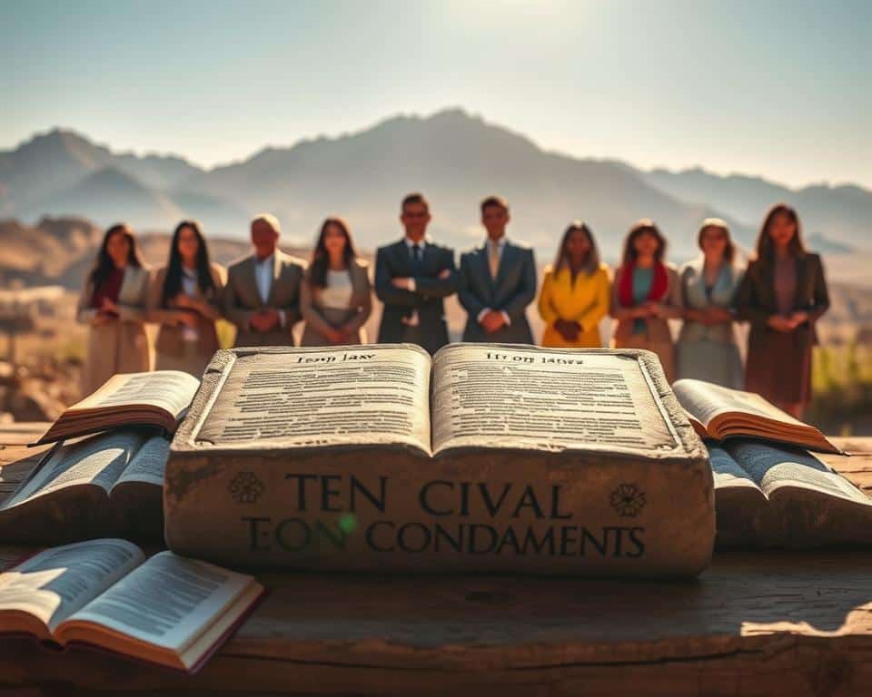 A serene scene depicting the Ten Commandments on stone tablets, resting prominently on a rustic wooden altar. In the foreground, sunlight bathes the tablets, illuminating their engraved text, reflecting a sense of divine guidance. Surrounding the altar are open Bibles, their pages fluttering gently in a soft breeze. In the middle ground, a group of diverse individuals, dressed in modest, professional attire, stand in contemplative poses, exuding a spirit of unity and reverence. The background features majestic mountains under a clear blue sky, symbolizing the grandeur of Sinai. The overall atmosphere is calm and uplifting, infused with natural light that conveys warmth and faith, inviting viewers to reflect on the significance of God's law. A serene scene depicting the Ten Commandments on stone tablets, resting prominently on a rustic wooden altar. In the foreground, sunlight bathes the tablets, illuminating their engraved text, reflecting a sense of divine guidance. Surrounding the altar are open Bibles, their pages fluttering gently in a soft breeze. In the middle ground, a group of diverse individuals, dressed in modest, professional attire, stand in contemplative poses, exuding a spirit of unity and reverence. The background features majestic mountains under a clear blue sky, symbolizing the grandeur of Sinai. The overall atmosphere is calm and uplifting, infused with natural light that conveys warmth and faith, inviting viewers to reflect on the significance of God's law.