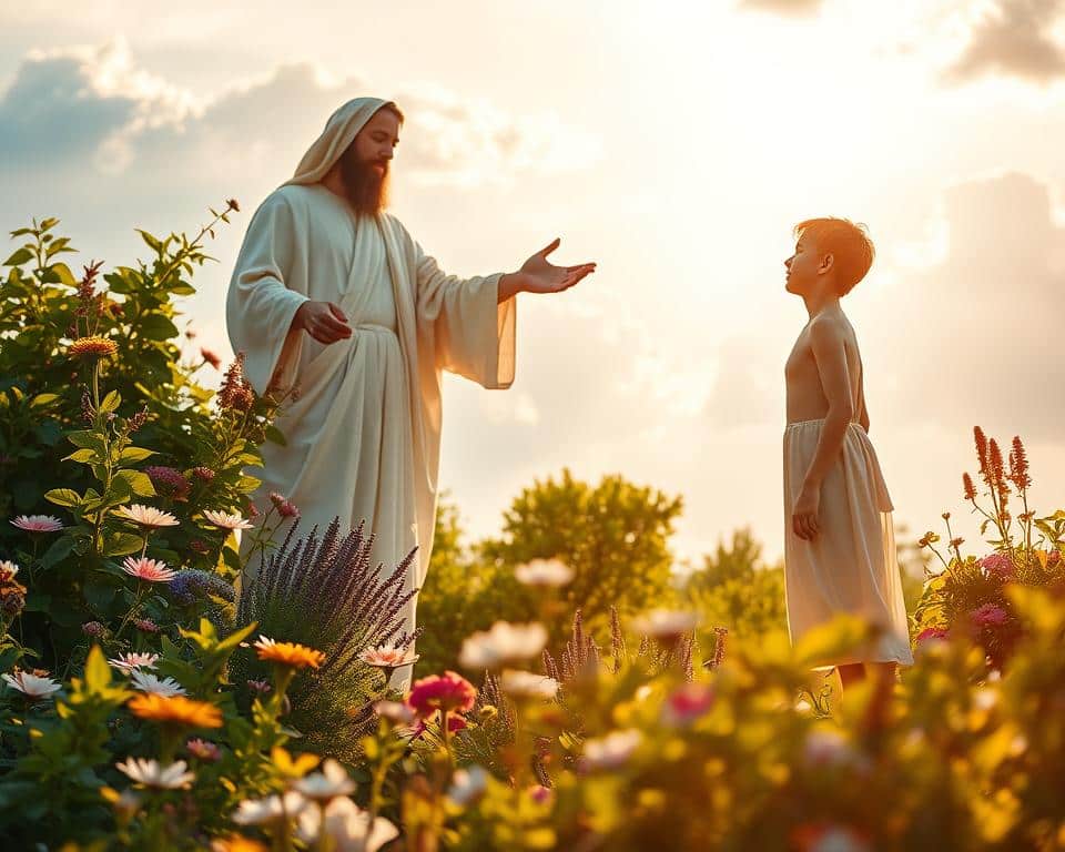 A serene scene depicting the moment of creation from the Book of Genesis. In the foreground, a tranquil garden blooms with diverse flora, symbolizing the richness of life, with gentle rays of natural sunlight filtering through the leaves. In the middle, a majestic figure representing God, robed in soft, flowing garments, extends a hand toward a newly formed human figure, who gazes upwards in awe. The human figure is clothed in modest attire, embodying innocence and wonder. The background features a bright sky transitioning from dawn to day, with soft clouds adding depth and warmth to the atmosphere. The overall mood is one of peace, hope, and divine purpose, reflecting the profound themes of creation and humanity's place within it. A serene scene depicting the moment of creation from the Book of Genesis. In the foreground, a tranquil garden blooms with diverse flora, symbolizing the richness of life, with gentle rays of natural sunlight filtering through the leaves. In the middle, a majestic figure representing God, robed in soft, flowing garments, extends a hand toward a newly formed human figure, who gazes upwards in awe. The human figure is clothed in modest attire, embodying innocence and wonder. The background features a bright sky transitioning from dawn to day, with soft clouds adding depth and warmth to the atmosphere. The overall mood is one of peace, hope, and divine purpose, reflecting the profound themes of creation and humanity's place within it.