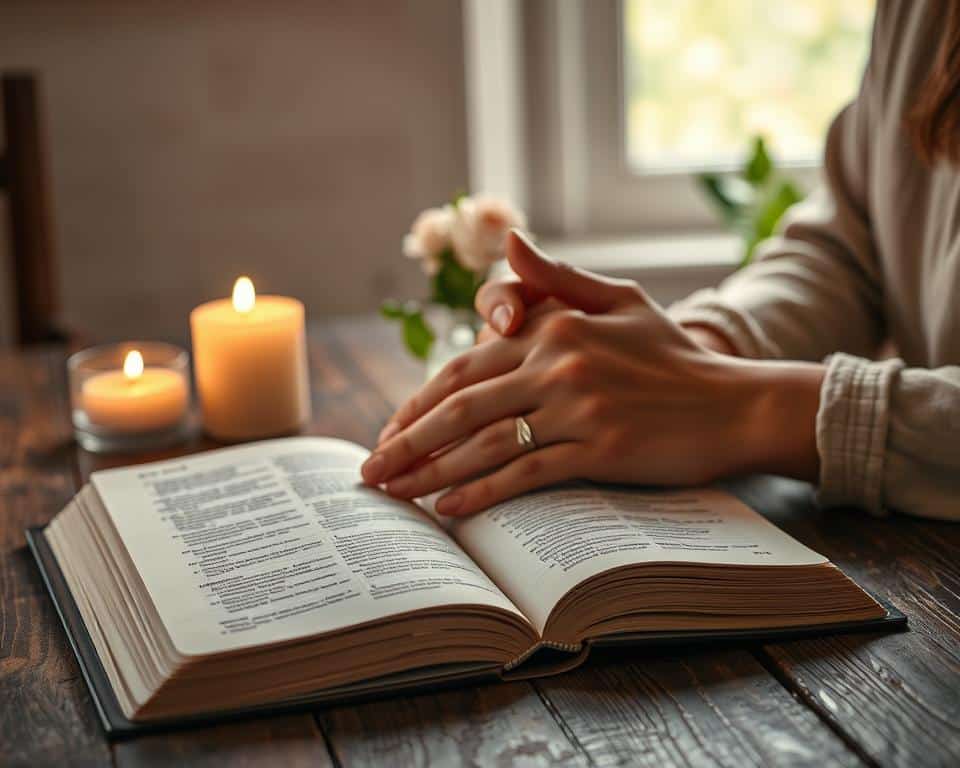 A serene, softly lit scene featuring an open Bible, its pages gently rustling, positioned on a rustic wooden table. In the foreground, delicate hands clasped in prayer, wearing modest casual clothing, reflect warmth and sincerity. The middle ground showcases a few lit candles, their soft glow casting calming shadows, while a small vase of fresh flowers adds a touch of natural beauty. The background is softly blurred, depicting a tranquil space with a subtle hint of greenery, symbolizing growth and renewal. The atmosphere is peaceful and inviting, illuminated by gentle, natural light that enhances the mood of reflection and devotion, capturing the essence of the Psalms and their timeless relevance in prayer throughout life's seasons. A serene, softly lit scene featuring an open Bible, its pages gently rustling, positioned on a rustic wooden table. In the foreground, delicate hands clasped in prayer, wearing modest casual clothing, reflect warmth and sincerity. The middle ground showcases a few lit candles, their soft glow casting calming shadows, while a small vase of fresh flowers adds a touch of natural beauty. The background is softly blurred, depicting a tranquil space with a subtle hint of greenery, symbolizing growth and renewal. The atmosphere is peaceful and inviting, illuminated by gentle, natural light that enhances the mood of reflection and devotion, capturing the essence of the Psalms and their timeless relevance in prayer throughout life's seasons.