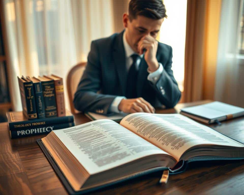 A serene study room bathed in natural light, featuring an open Bible on a wooden table, symbolizing wisdom and faith. In the foreground, a thoughtful individual dressed in professional business attire gently touches the pages, their expression reflecting sincerity and contemplation. In the middle ground, several books on theology and prophecy are neatly arranged, adding depth to the scene. The background reveals a soft, blurred window with curtains lightly drawn, letting in a warm glow that enhances the peaceful atmosphere. The mood is reflective and calm, inviting the viewer to ponder the significance of prophecy and the role of prophets in spiritual life. A serene study room bathed in natural light, featuring an open Bible on a wooden table, symbolizing wisdom and faith. In the foreground, a thoughtful individual dressed in professional business attire gently touches the pages, their expression reflecting sincerity and contemplation. In the middle ground, several books on theology and prophecy are neatly arranged, adding depth to the scene. The background reveals a soft, blurred window with curtains lightly drawn, letting in a warm glow that enhances the peaceful atmosphere. The mood is reflective and calm, inviting the viewer to ponder the significance of prophecy and the role of prophets in spiritual life.
