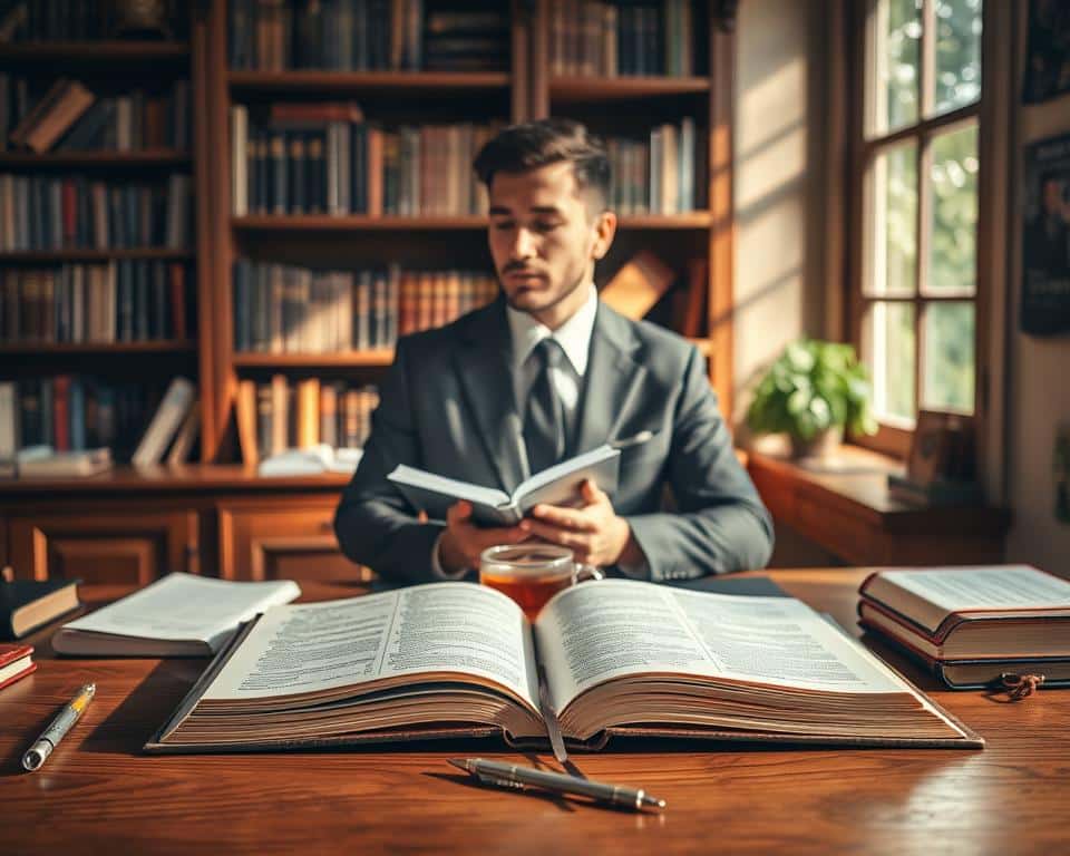 A serene study scene showcasing a beautifully crafted wooden desk in the foreground, with an open Bible prominently displayed, its pages gently illuminated by natural light streaming through a nearby window. In the middle, a thoughtful individual, dressed in modest business attire, is engaged in deep contemplation, surrounded by scattered notes and a warm cup of tea, embodying a sense of calm and focus. The background features bookshelves filled with religious texts, with soft greenery peeking through the window, creating a tranquil atmosphere. The overall mood reflects faith, understanding, and the quest for knowledge, as the light casts gentle shadows, enhancing the peaceful ambiance of this reflective space. A serene study scene showcasing a beautifully crafted wooden desk in the foreground, with an open Bible prominently displayed, its pages gently illuminated by natural light streaming through a nearby window. In the middle, a thoughtful individual, dressed in modest business attire, is engaged in deep contemplation, surrounded by scattered notes and a warm cup of tea, embodying a sense of calm and focus. The background features bookshelves filled with religious texts, with soft greenery peeking through the window, creating a tranquil atmosphere. The overall mood reflects faith, understanding, and the quest for knowledge, as the light casts gentle shadows, enhancing the peaceful ambiance of this reflective space.