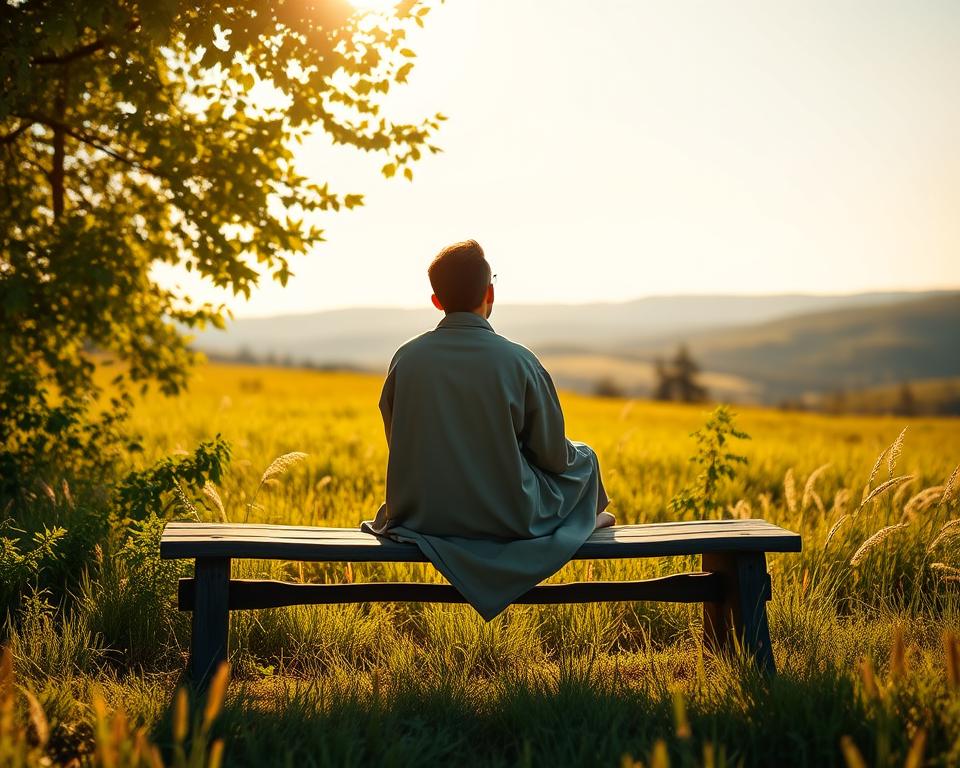 A serene, sun-dappled meadow bathed in golden afternoon light. A lone figure, dressed in simple robes, sits cross-legged on a weathered wooden bench, eyes closed in contemplation. Surrounding them, lush green foliage sways gently in a light breeze, with a distant horizon of rolling hills and a cloudless azure sky. The atmosphere is one of profound tranquility and spiritual connection, inviting the viewer to pause and reflect on the timeless meaning of Sabbath rest. Crisp 4K details capture every nuance of this timeless scene. A serene, sun-dappled meadow bathed in golden afternoon light. A lone figure, dressed in simple robes, sits cross-legged on a weathered wooden bench, eyes closed in contemplation. Surrounding them, lush green foliage sways gently in a light breeze, with a distant horizon of rolling hills and a cloudless azure sky. The atmosphere is one of profound tranquility and spiritual connection, inviting the viewer to pause and reflect on the timeless meaning of Sabbath rest. Crisp 4K details capture every nuance of this timeless scene.