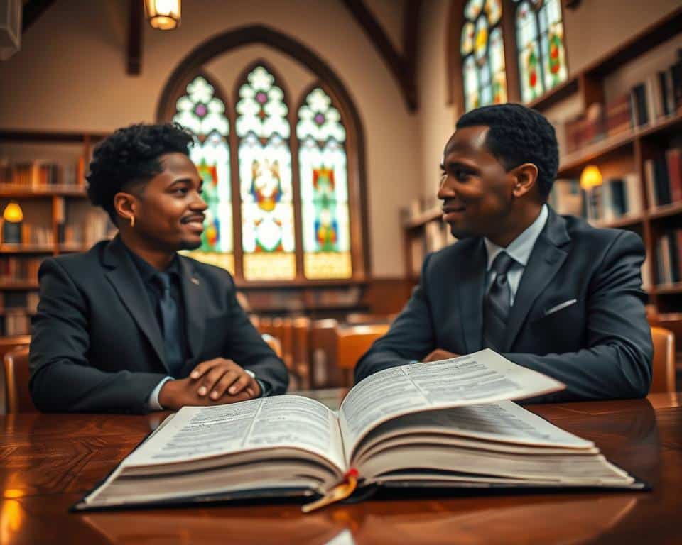 In a serene church setting, an open Bible rests on a polished wooden table, its pages gently fluttering in a soft breeze. In the foreground, two diverse individuals in professional business attire engage in discussion, embodying warmth and respect. Their expressions reflect deep contemplation about life's moral compass, infused with a sense of community and commitment to ethical living. In the middle ground, warm, diffused natural light filters through stained glass windows, casting colorful patterns on the walls, symbolizing divine guidance. The background features shelves filled with books about faith and law, enhancing the scholarly atmosphere. The overall mood is peaceful, reflective, and encouraging, inspiring a sense of purpose in life, work, and worship, harmoniously blending tradition and modernity. In a serene church setting, an open Bible rests on a polished wooden table, its pages gently fluttering in a soft breeze. In the foreground, two diverse individuals in professional business attire engage in discussion, embodying warmth and respect. Their expressions reflect deep contemplation about life's moral compass, infused with a sense of community and commitment to ethical living. In the middle ground, warm, diffused natural light filters through stained glass windows, casting colorful patterns on the walls, symbolizing divine guidance. The background features shelves filled with books about faith and law, enhancing the scholarly atmosphere. The overall mood is peaceful, reflective, and encouraging, inspiring a sense of purpose in life, work, and worship, harmoniously blending tradition and modernity.