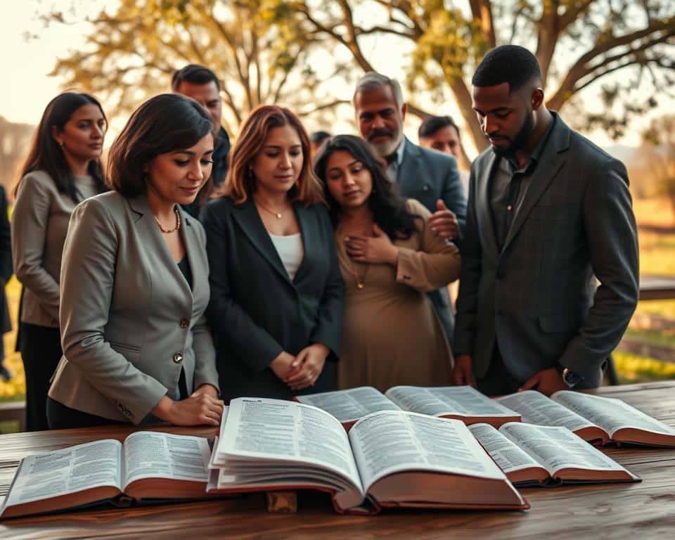 In a serene setting, a diverse group of people stands together, engaged in a thoughtful discussion over an open Bible, symbolizing the Book of Judges. In the foreground, illuminate two individuals in professional attire—one, a middle-aged woman of Hispanic descent, the other, a young Black man—leaning in with expressions of contemplation and understanding. The middle ground features an assortment of open Bibles scattered on a wooden table, soft natural light casting gentle shadows. In the background, a peaceful outdoor scene with trees and a clear sky enhances the atmosphere of faith and reflection. The overall mood is warm and inviting, encouraging a sense of community and spiritual insight as they explore themes of judgment, faith, and the cycle of sin inherent in the narrative. In a serene setting, a diverse group of people stands together, engaged in a thoughtful discussion over an open Bible, symbolizing the Book of Judges. In the foreground, illuminate two individuals in professional attire—one, a middle-aged woman of Hispanic descent, the other, a young Black man—leaning in with expressions of contemplation and understanding. The middle ground features an assortment of open Bibles scattered on a wooden table, soft natural light casting gentle shadows. In the background, a peaceful outdoor scene with trees and a clear sky enhances the atmosphere of faith and reflection. The overall mood is warm and inviting, encouraging a sense of community and spiritual insight as they explore themes of judgment, faith, and the cycle of sin inherent in the narrative.