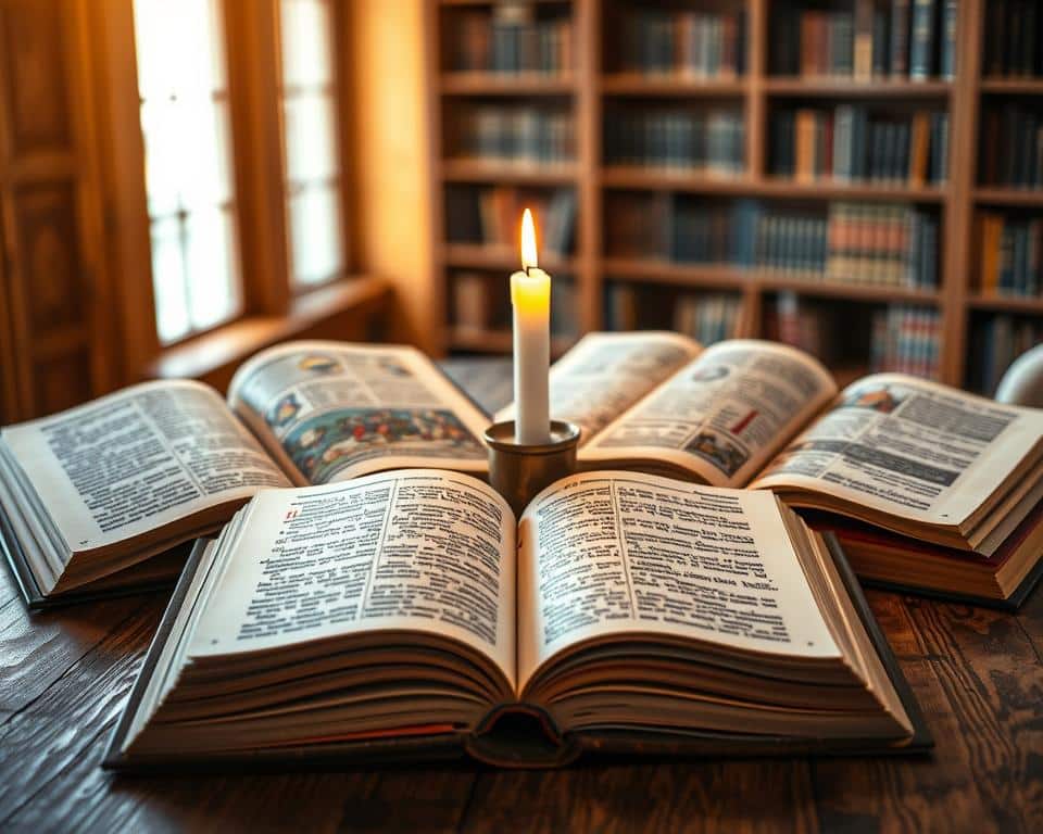 five beautifully arranged open books featuring vibrant, colorful pages that depict ancient texts and symbols related to the Torah. In the foreground, the books are positioned on a rustic wooden table, with their pages gently fanned out to reveal the intricate illustrations and Hebrew letters. The middle ground showcases a softly glowing candle, casting warm natural light across the scene, enhancing the peaceful atmosphere. In the background, a blurred library setting with warm wood tones creates a cozy, inviting space. The overall mood conveys a sense of faith and serenity, encouraging contemplation and reflection. Capture the scene from a slight overhead angle to provide a comprehensive view of the books while maintaining an intimate feel. five beautifully arranged open books featuring vibrant, colorful pages that depict ancient texts and symbols related to the Torah. In the foreground, the books are positioned on a rustic wooden table, with their pages gently fanned out to reveal the intricate illustrations and Hebrew letters. The middle ground showcases a softly glowing candle, casting warm natural light across the scene, enhancing the peaceful atmosphere. In the background, a blurred library setting with warm wood tones creates a cozy, inviting space. The overall mood conveys a sense of faith and serenity, encouraging contemplation and reflection. Capture the scene from a slight overhead angle to provide a comprehensive view of the books while maintaining an intimate feel.