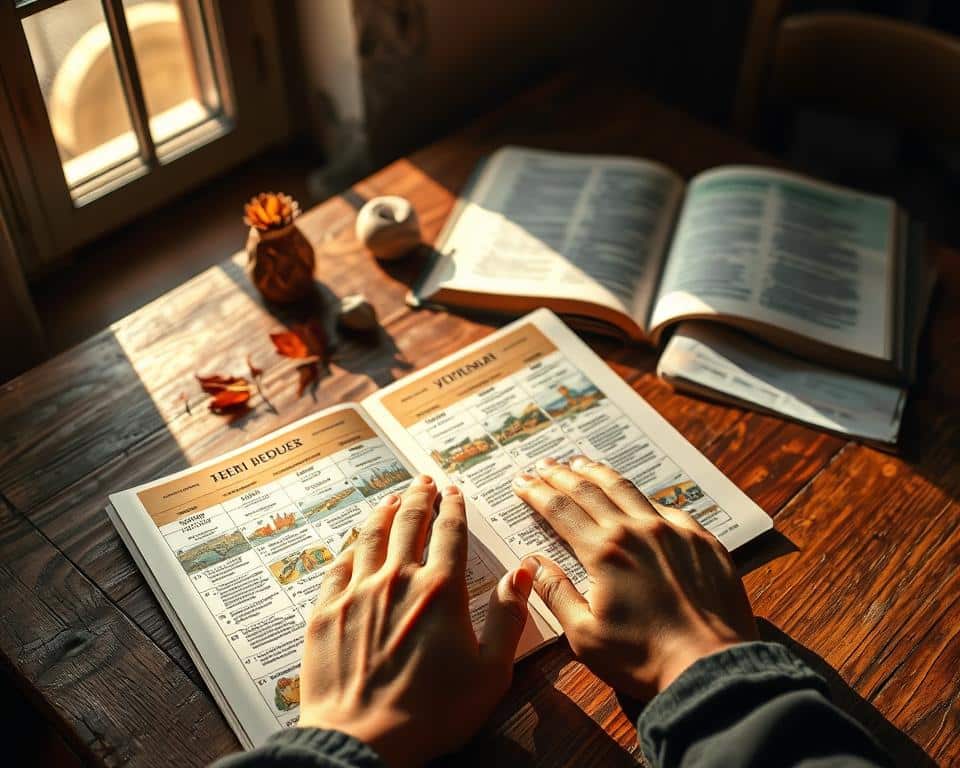 A beautifully arranged Hebrew calendar spread open on an ancient wooden table, the pages filled with vibrant illustrations of significant Old Testament festivals. In the foreground, a pair of hands gently point to the month of Tishrei, signifying the celebration of the Feast of Tabernacles, showcasing a warm and inviting atmosphere. Soft, natural light streams through a nearby window, casting delicate shadows and highlighting the intricate details of the calendar. In the middle ground, blurred elements of traditional festival decorations, such as autumn leaves and simple stone artifacts, hint at the festivities. The background features an open Bible with marked passages about the festivals, evoking a sense of calm and reverence. The overall mood is peaceful, reflecting faith and tradition, with warm, earth-toned colors enhancing the serene ambiance. A beautifully arranged Hebrew calendar spread open on an ancient wooden table, the pages filled with vibrant illustrations of significant Old Testament festivals. In the foreground, a pair of hands gently point to the month of Tishrei, signifying the celebration of the Feast of Tabernacles, showcasing a warm and inviting atmosphere. Soft, natural light streams through a nearby window, casting delicate shadows and highlighting the intricate details of the calendar. In the middle ground, blurred elements of traditional festival decorations, such as autumn leaves and simple stone artifacts, hint at the festivities. The background features an open Bible with marked passages about the festivals, evoking a sense of calm and reverence. The overall mood is peaceful, reflecting faith and tradition, with warm, earth-toned colors enhancing the serene ambiance.