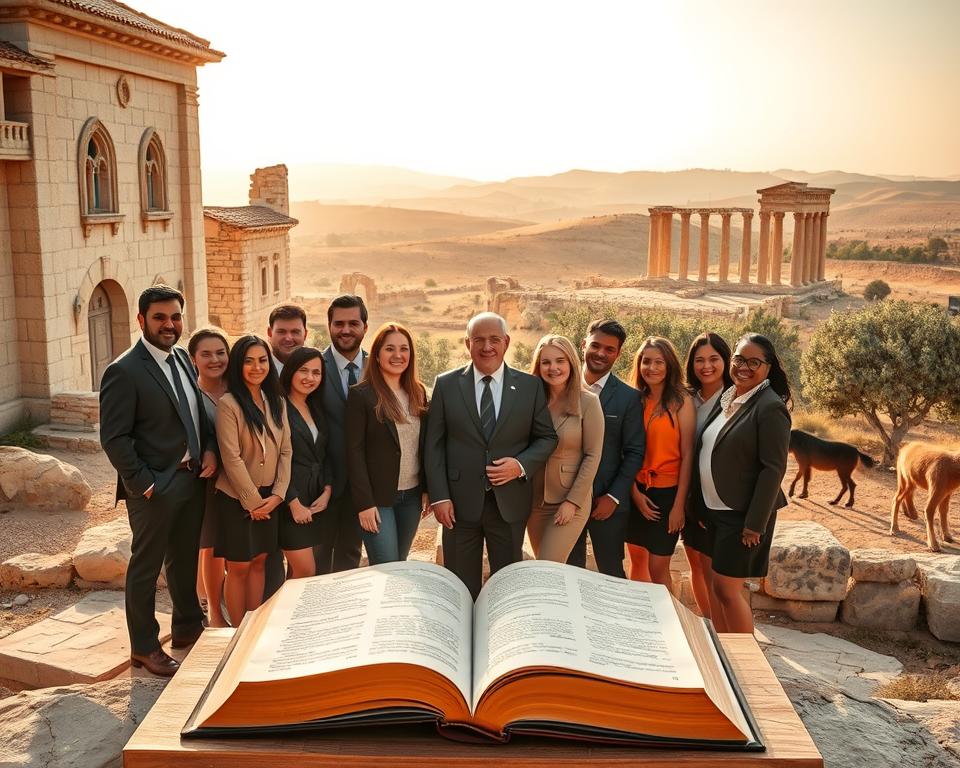 A serene and harmonious scene depicting the historical significance of the United Kingdom in the context of Israel. In the foreground, a diverse group of people in professional business attire stands together by an open Bible, symbolizing unity and faith, their expressions reflecting warmth and contemplation. The middle ground features iconic architectural elements reminiscent of both the UK and Israel, such as a blend of English stone structures and ancient Israeli ruins, bathed in soft, natural light. In the background, rolling hills and ancient olive trees stretch under a tranquil sky, evoking a sense of peace and connection to history. The overall atmosphere is calm and reflective, emphasizing the importance of unity and shared heritage. The image should be captured with a wide-angle lens to encompass the full scene, enhancing its impact. A serene and harmonious scene depicting the historical significance of the United Kingdom in the context of Israel. In the foreground, a diverse group of people in professional business attire stands together by an open Bible, symbolizing unity and faith, their expressions reflecting warmth and contemplation. The middle ground features iconic architectural elements reminiscent of both the UK and Israel, such as a blend of English stone structures and ancient Israeli ruins, bathed in soft, natural light. In the background, rolling hills and ancient olive trees stretch under a tranquil sky, evoking a sense of peace and connection to history. The overall atmosphere is calm and reflective, emphasizing the importance of unity and shared heritage. The image should be captured with a wide-angle lens to encompass the full scene, enhancing its impact.