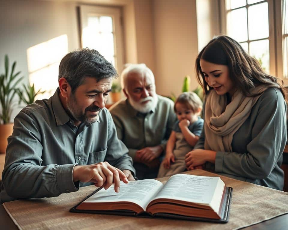 A serene and inspirational scene depicting a diverse group of individuals gathered around an open Bible, symbolizing the study of Messianic prophecies. In the foreground, a middle-aged man and a young woman, both in modest casual clothing, eagerly point at text in the Bible, their expressions reflecting curiosity and faith. In the middle ground, a few more individuals, including an elderly person and a young child, listen attentively, embodying warmth and community. The background features soft, natural light streaming through a window, casting gentle shadows that enhance the peaceful atmosphere. The overall mood is tranquil and contemplative, with calming earth tones and a hint of greenery from potted plants, suggesting an environment of quiet reflection and spiritual exploration. A serene and inspirational scene depicting a diverse group of individuals gathered around an open Bible, symbolizing the study of Messianic prophecies. In the foreground, a middle-aged man and a young woman, both in modest casual clothing, eagerly point at text in the Bible, their expressions reflecting curiosity and faith. In the middle ground, a few more individuals, including an elderly person and a young child, listen attentively, embodying warmth and community. The background features soft, natural light streaming through a window, casting gentle shadows that enhance the peaceful atmosphere. The overall mood is tranquil and contemplative, with calming earth tones and a hint of greenery from potted plants, suggesting an environment of quiet reflection and spiritual exploration.