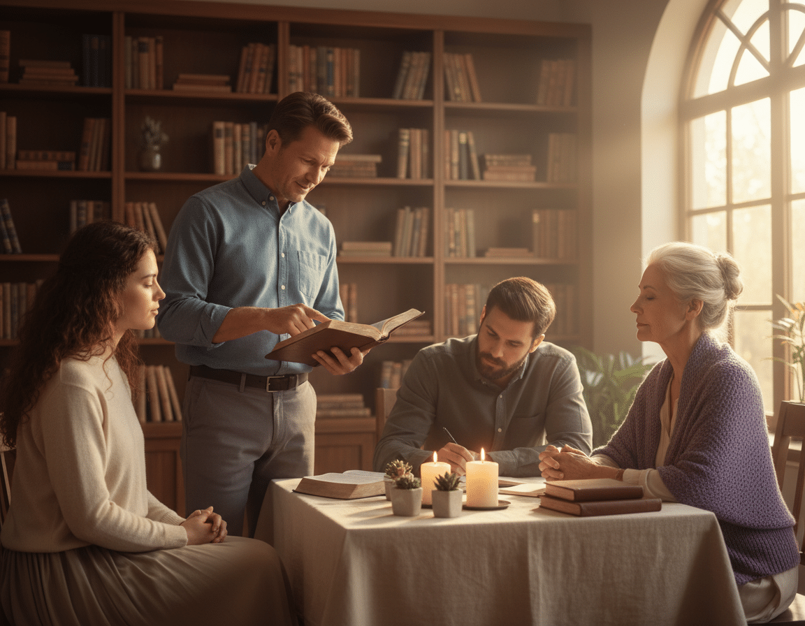 A serene and reflective scene depicting a group of diverse, thoughtfully engaged individuals in a cozy, well-lit space, discussing the meaning of the First Commandment. In the foreground, a middle-aged man in professional attire holds an open Bible, emphasizing the text with a gentle expression. Flanking him are a young woman in modest casual clothing and an elderly woman, both attentively listening, embodying unity in faith. In the middle ground, a wooden table is adorned with soft, natural materials, including candles and small plants, creating a warm atmosphere. The background features shelves filled with books, soft sunlight streaming through a window, illuminating the space and highlighting the peaceful, contemplative mood. The overall color palette is calm and soothing, evoking a sense of devotion and understanding. A serene and reflective scene depicting a group of diverse, thoughtfully engaged individuals in a cozy, well-lit space, discussing the meaning of the First Commandment. In the foreground, a middle-aged man in professional attire holds an open Bible, emphasizing the text with a gentle expression. Flanking him are a young woman in modest casual clothing and an elderly woman, both attentively listening, embodying unity in faith. In the middle ground, a wooden table is adorned with soft, natural materials, including candles and small plants, creating a warm atmosphere. The background features shelves filled with books, soft sunlight streaming through a window, illuminating the space and highlighting the peaceful, contemplative mood. The overall color palette is calm and soothing, evoking a sense of devotion and understanding.