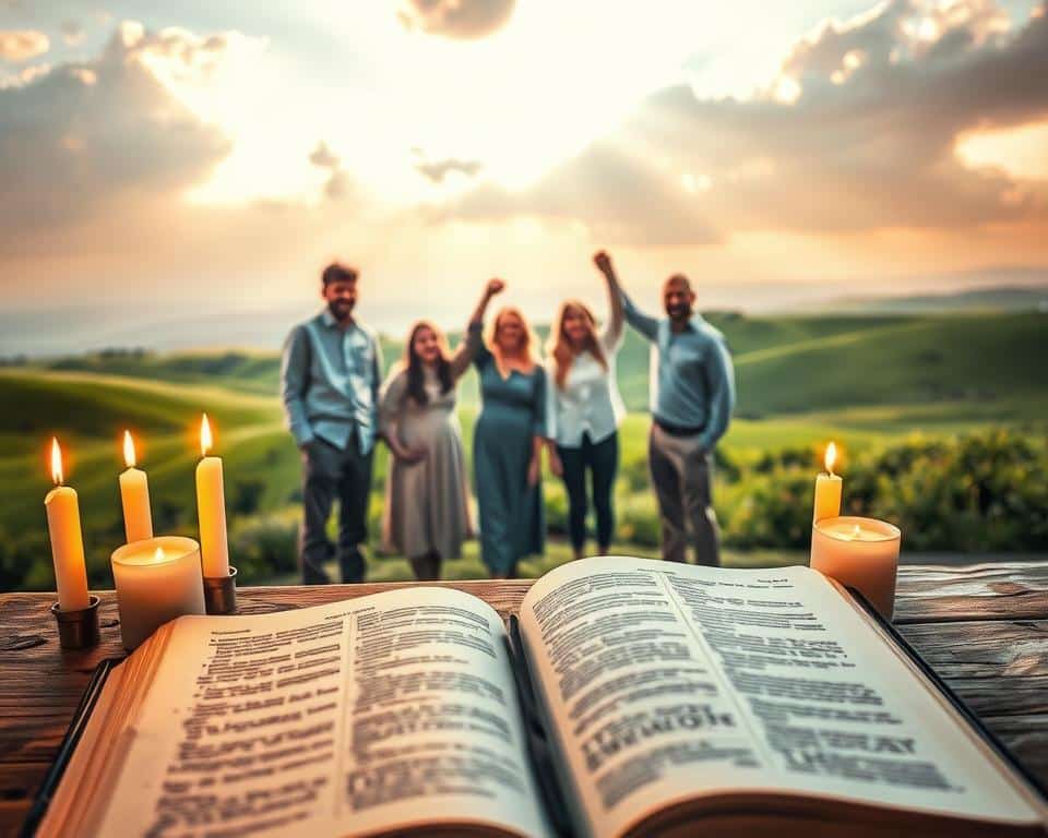 A serene and uplifting scene depicting "Promises and Blessings" inspired by the biblical covenant. In the foreground, an open Bible rests on a wooden table, pages gently fluttering as if caught in a soft breeze. Surrounding it, a warm glow emanates from candles that cast soft shadows. In the middle ground, a diverse group of people, dressed in modest casual clothing, hold hands in unity, their expressions reflecting hope and faith. They stand amidst a lush green landscape symbolizing the promised land, with gentle rolling hills and a serene sky at golden hour. In the background, soft rays of sunlight break through clouds, creating an ethereal atmosphere. The overall mood conveys peace, connection, and divine promise, inviting the viewer to reflect on the sacred relationship embodied in the covenant. A serene and uplifting scene depicting "Promises and Blessings" inspired by the biblical covenant. In the foreground, an open Bible rests on a wooden table, pages gently fluttering as if caught in a soft breeze. Surrounding it, a warm glow emanates from candles that cast soft shadows. In the middle ground, a diverse group of people, dressed in modest casual clothing, hold hands in unity, their expressions reflecting hope and faith. They stand amidst a lush green landscape symbolizing the promised land, with gentle rolling hills and a serene sky at golden hour. In the background, soft rays of sunlight break through clouds, creating an ethereal atmosphere. The overall mood conveys peace, connection, and divine promise, inviting the viewer to reflect on the sacred relationship embodied in the covenant.