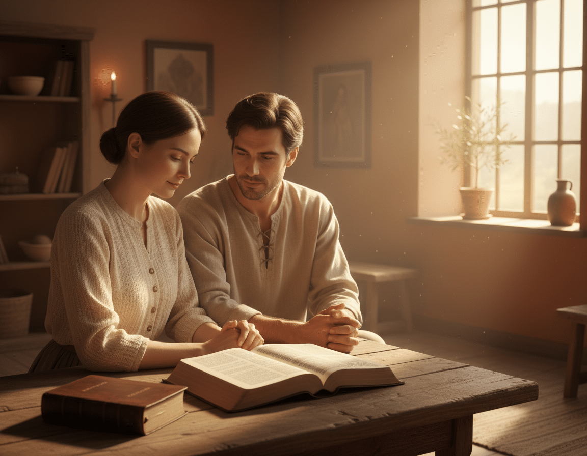 A serene, contemplative scene illustrating the Second Commandment in a cozy, inviting setting. In the foreground, an open Bible rests on a weathered wooden table, with gentle sunlight casting a warm glow on the pages. Beside the Bible, a pair of modestly dressed individuals, one a woman in a simple blouse and the other a man in a casual shirt, engage in thoughtful discussion. Their expressions convey understanding and connection. In the middle ground, a small potted plant adds a touch of life, symbolizing growth in faith. The background features a softly lit room with warm, earthy tones and light streaming through a window, creating a peaceful atmosphere that fosters reflection and clarity. The composition emphasizes faith, understanding, and the importance of reverence as taught by the Second Commandment. A serene, contemplative scene illustrating the Second Commandment in a cozy, inviting setting. In the foreground, an open Bible rests on a weathered wooden table, with gentle sunlight casting a warm glow on the pages. Beside the Bible, a pair of modestly dressed individuals, one a woman in a simple blouse and the other a man in a casual shirt, engage in thoughtful discussion. Their expressions convey understanding and connection. In the middle ground, a small potted plant adds a touch of life, symbolizing growth in faith. The background features a softly lit room with warm, earthy tones and light streaming through a window, creating a peaceful atmosphere that fosters reflection and clarity. The composition emphasizes faith, understanding, and the importance of reverence as taught by the Second Commandment.