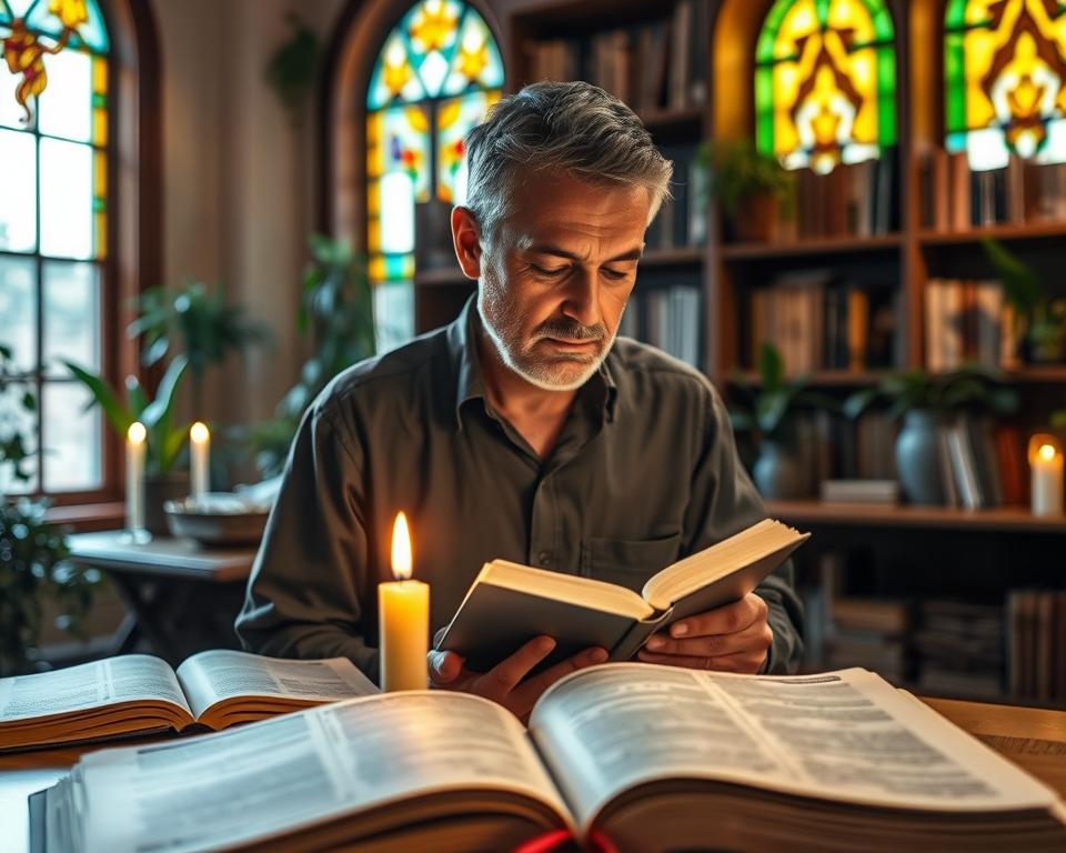 A serene scene depicting a thoughtful individual reading an open Bible, the pages gently illuminated by soft natural light. Foreground: focus on the reader, a mature individual in modest casual attire, absorbed in the text, their expression reflecting contemplation and faith. Middle ground: a wooden table with more open Bibles, candles flickering gently, casting warm shadows. Background: a softly lit room with bookshelves filled with sacred texts, plants in the corners, and stained glass windows allowing a warm, colorful light to filter through, symbolizing divine inspiration. The overall atmosphere should convey a sense of peace, warmth, and deep spiritual reflection, inviting viewers to connect with the essence of Messianic prophecies. A serene scene depicting a thoughtful individual reading an open Bible, the pages gently illuminated by soft natural light. Foreground: focus on the reader, a mature individual in modest casual attire, absorbed in the text, their expression reflecting contemplation and faith. Middle ground: a wooden table with more open Bibles, candles flickering gently, casting warm shadows. Background: a softly lit room with bookshelves filled with sacred texts, plants in the corners, and stained glass windows allowing a warm, colorful light to filter through, symbolizing divine inspiration. The overall atmosphere should convey a sense of peace, warmth, and deep spiritual reflection, inviting viewers to connect with the essence of Messianic prophecies.