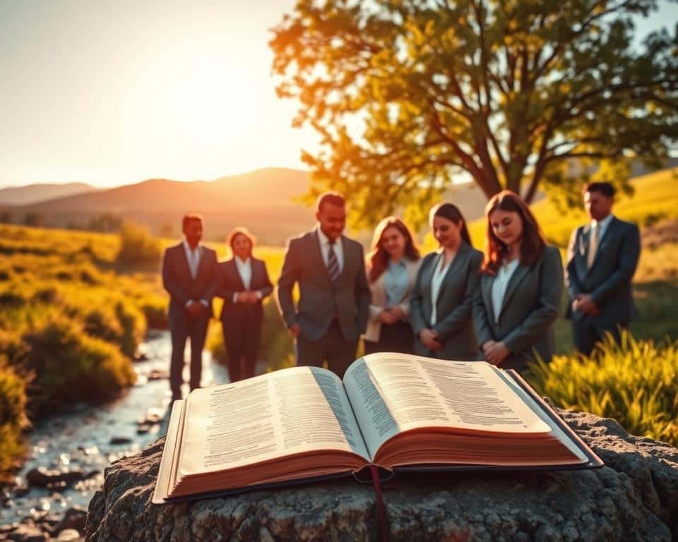 A serene scene depicting the concept of "covenant" as a focal point. In the foreground, a diverse group of individuals dressed in professional business attire stands around an open Bible, their expressions reflective and engaged, symbolizing unity and faith. In the middle ground, a gentle stream flows beside a lush, green landscape, embodying peace and tranquility, while warm sunlight filters through the trees, casting soft shadows. The background features rolling hills under a bright blue sky, suggesting hope and continuity. The composition utilizes natural light to enhance the warmth of the scene, evoking a sense of calm and harmony in the atmosphere, inviting contemplation around the meaning and significance of the covenant today. A serene scene depicting the concept of "covenant" as a focal point. In the foreground, a diverse group of individuals dressed in professional business attire stands around an open Bible, their expressions reflective and engaged, symbolizing unity and faith. In the middle ground, a gentle stream flows beside a lush, green landscape, embodying peace and tranquility, while warm sunlight filters through the trees, casting soft shadows. The background features rolling hills under a bright blue sky, suggesting hope and continuity. The composition utilizes natural light to enhance the warmth of the scene, evoking a sense of calm and harmony in the atmosphere, inviting contemplation around the meaning and significance of the covenant today.