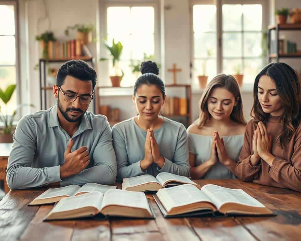 A serene scene of a diverse group of three individuals engaged in prayer, one man and two women in modest casual clothing, sitting together at a rustic wooden table adorned with open Bibles. The foreground highlights their calm expressions and gentle clasped hands, radiating warmth and faith. In the middle background, soft beams of natural light filter through large, open windows, casting a soothing glow across the space. The backdrop features shelves lined with books and plants, lending a sense of wisdom and tranquility to the setting. The overall atmosphere is peaceful, emphasizing devotion and the importance of prayer as a foundation for thoughtful planning and leadership, inviting a sense of reflection and motivation. A serene scene of a diverse group of three individuals engaged in prayer, one man and two women in modest casual clothing, sitting together at a rustic wooden table adorned with open Bibles. The foreground highlights their calm expressions and gentle clasped hands, radiating warmth and faith. In the middle background, soft beams of natural light filter through large, open windows, casting a soothing glow across the space. The backdrop features shelves lined with books and plants, lending a sense of wisdom and tranquility to the setting. The overall atmosphere is peaceful, emphasizing devotion and the importance of prayer as a foundation for thoughtful planning and leadership, inviting a sense of reflection and motivation.