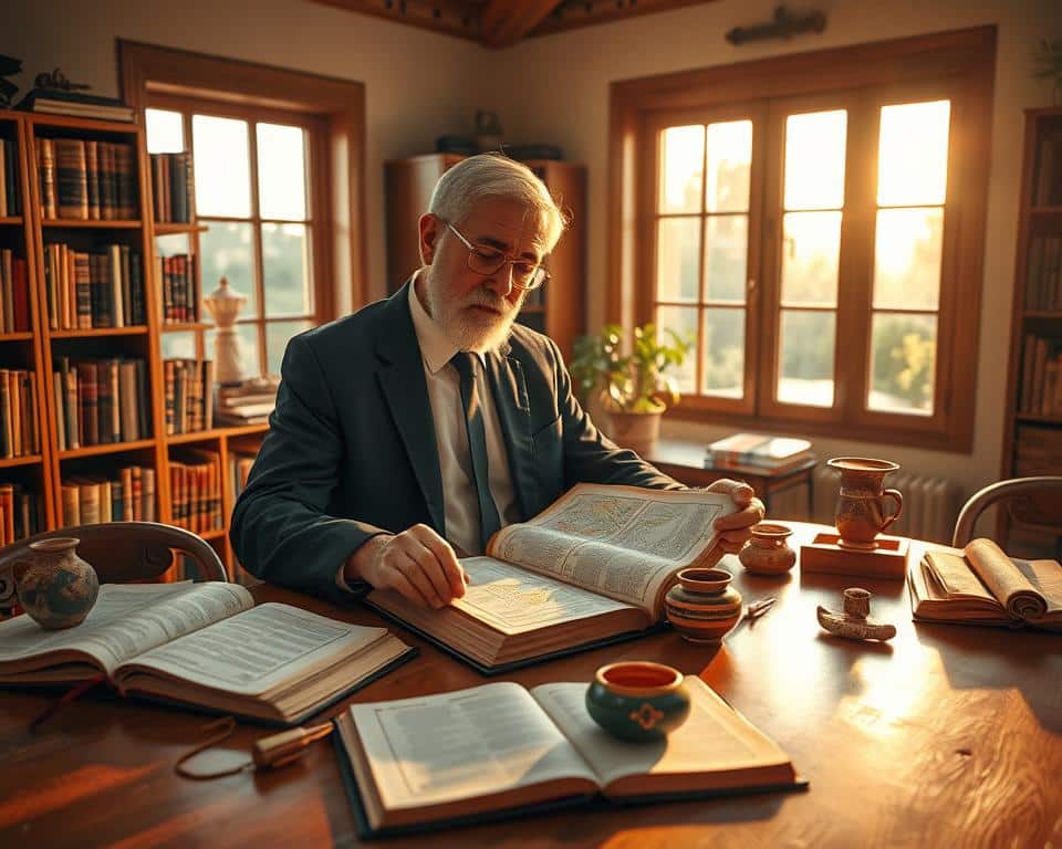 A serene study room bathed in warm, natural light, filled with open Bibles and archaeological artifacts like ancient pottery and scrolls on a polished wooden table. In the foreground, a middle-aged scholar in professional attire examines a map with a focused expression, symbolizing the intersection of biblical studies and historical inquiry. In the middle, shelves lined with books about archaeology and theology create a sense of depth, while soft shadows emphasize the room’s calm atmosphere. The background features a large window with a view of a tranquil garden, reflecting faith and peace. The overall mood is one of intellectual curiosity and reverence, suggesting the importance of historicity in understanding biblical narratives. A serene study room bathed in warm, natural light, filled with open Bibles and archaeological artifacts like ancient pottery and scrolls on a polished wooden table. In the foreground, a middle-aged scholar in professional attire examines a map with a focused expression, symbolizing the intersection of biblical studies and historical inquiry. In the middle, shelves lined with books about archaeology and theology create a sense of depth, while soft shadows emphasize the room’s calm atmosphere. The background features a large window with a view of a tranquil garden, reflecting faith and peace. The overall mood is one of intellectual curiosity and reverence, suggesting the importance of historicity in understanding biblical narratives.