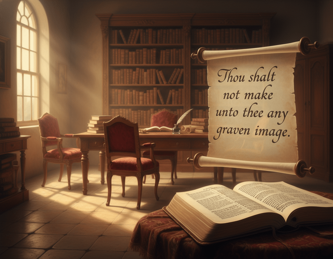 A serene study setting with an open Bible placed prominently in the foreground, its pages gently fluttering as if touched by a soft breeze. A handwritten representation of the Second Commandment adorned with delicate, ornate calligraphy floats above the Bible, illuminated by natural morning light streaming through a nearby window. In the middle ground, a cozy wooden desk surrounded by comfortable chairs encourages contemplation. To the back, a softly blurred bookshelf lined with sacred texts creates an inviting and scholarly atmosphere. The mood is tranquil and reflective, with warm, calm tones evoking faith and peace. Capture the essence of understanding and reverence in a gentle, inviting composition from a slightly elevated angle to enhance depth. A serene study setting with an open Bible placed prominently in the foreground, its pages gently fluttering as if touched by a soft breeze. A handwritten representation of the Second Commandment adorned with delicate, ornate calligraphy floats above the Bible, illuminated by natural morning light streaming through a nearby window. In the middle ground, a cozy wooden desk surrounded by comfortable chairs encourages contemplation. To the back, a softly blurred bookshelf lined with sacred texts creates an inviting and scholarly atmosphere. The mood is tranquil and reflective, with warm, calm tones evoking faith and peace. Capture the essence of understanding and reverence in a gentle, inviting composition from a slightly elevated angle to enhance depth.