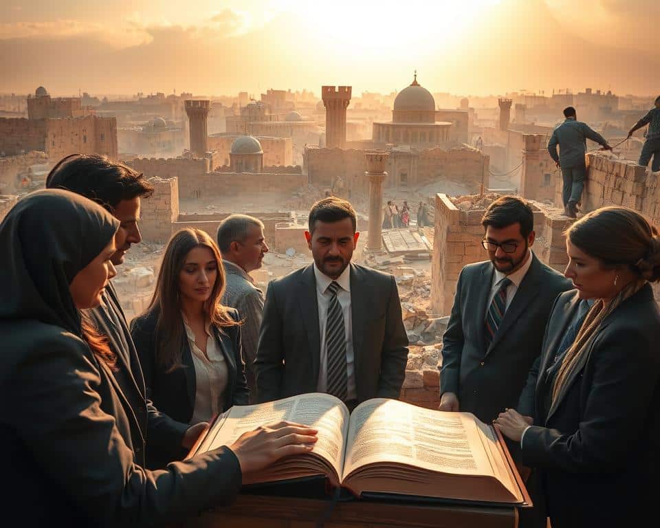 A sprawling ancient city in crisis, reflecting the challenges faced by Nehemiah. In the foreground, a group of determined individuals in professional business attire gather around an open Bible, their faces filled with purpose and empathy. In the middle ground, crumbling walls and scattered debris illustrate the city's turmoil; a few people are seen repairing structures, symbolizing community effort. The background features a weathered skyline under soft, natural sunlight, casting a warm glow on the scene, evoking a sense of hope and resilience. The atmosphere is calm yet charged with the urgency of rebuilding, capturing the essence of leadership and faith amidst adversity. A sprawling ancient city in crisis, reflecting the challenges faced by Nehemiah. In the foreground, a group of determined individuals in professional business attire gather around an open Bible, their faces filled with purpose and empathy. In the middle ground, crumbling walls and scattered debris illustrate the city's turmoil; a few people are seen repairing structures, symbolizing community effort. The background features a weathered skyline under soft, natural sunlight, casting a warm glow on the scene, evoking a sense of hope and resilience. The atmosphere is calm yet charged with the urgency of rebuilding, capturing the essence of leadership and faith amidst adversity.