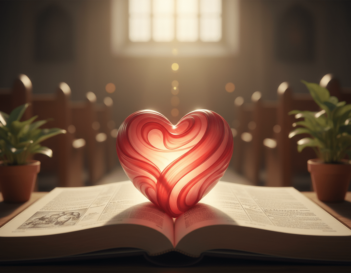 A close-up of a beautifully detailed heart, depicted as a warm, glowing symbol of compassion and love, sitting at the center of an open Bible, with pages softly illuminated by natural light. In the foreground, faint rays of sunlight filter through a window, casting gentle reflections on the heart, enhancing its vibrant red and soft pink hues. In the middle ground, an inviting atmosphere is created by the presence of comfortable, modest church pews and subtle greenery, adding a sense of calm and peace. The background remains softly blurred, emphasizing the heart and the Bible as the focal point, evoking feelings of introspection and faith. The overall mood is serene, encouraging contemplation of the deeper meaning behind the teachings related to the heart. A close-up of a beautifully detailed heart, depicted as a warm, glowing symbol of compassion and love, sitting at the center of an open Bible, with pages softly illuminated by natural light. In the foreground, faint rays of sunlight filter through a window, casting gentle reflections on the heart, enhancing its vibrant red and soft pink hues. In the middle ground, an inviting atmosphere is created by the presence of comfortable, modest church pews and subtle greenery, adding a sense of calm and peace. The background remains softly blurred, emphasizing the heart and the Bible as the focal point, evoking feelings of introspection and faith. The overall mood is serene, encouraging contemplation of the deeper meaning behind the teachings related to the heart.