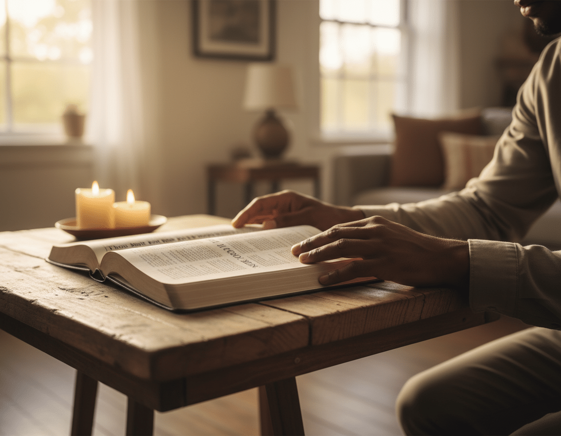 A serene and contemplative scene depicting an open Bible resting on a rustic wooden table, surrounded by soft, natural light that filters through a nearby window, creating a warm and peaceful atmosphere. In the foreground, two hands—one of a diverse individual dressed in modest casual clothing—gently holding the page of the Bible, emphasizing the importance of the text. In the middle ground, the pages of the Bible are rich with detail, highlighting the Third Commandment. The background consists of a softly blurred living room with warm, earth-toned decor, evoking a sense of domestic tranquility. The overall mood conveys faith, reflection, and a calm reverence toward the sacred words, with no people fully visible, maintaining a focus on the Bible itself. A serene and contemplative scene depicting an open Bible resting on a rustic wooden table, surrounded by soft, natural light that filters through a nearby window, creating a warm and peaceful atmosphere. In the foreground, two hands—one of a diverse individual dressed in modest casual clothing—gently holding the page of the Bible, emphasizing the importance of the text. In the middle ground, the pages of the Bible are rich with detail, highlighting the Third Commandment. The background consists of a softly blurred living room with warm, earth-toned decor, evoking a sense of domestic tranquility. The overall mood conveys faith, reflection, and a calm reverence toward the sacred words, with no people fully visible, maintaining a focus on the Bible itself.