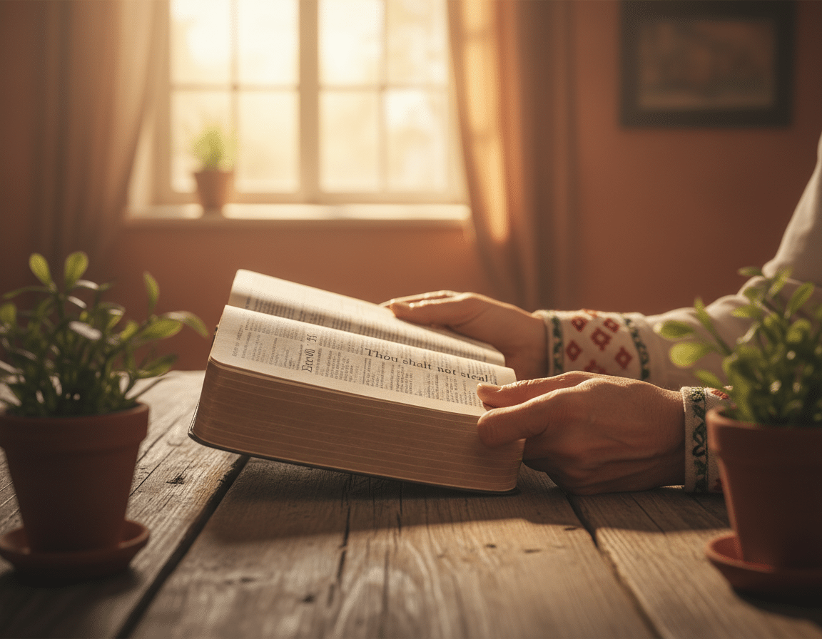 A serene and intimate scene depicting a pair of human hands, both dressed in modest clothing, gently holding an open Bible, with the passage from Exodus 20:15 visible on the page. The foreground features soft natural lighting that highlights the texture of the Bible and the warmth of the hands. In the middle, a wooden table adds to the peaceful atmosphere while delicate plants in small pots frame the sides of the image. The background consists of a softly blurred, sunlit room with warm earth tones to evoke a sense of calm and reflection. The overall mood is contemplative and respectful, promoting a deep connection to the themes of honesty and integrity outlined in the Eighth Commandment. A serene and intimate scene depicting a pair of human hands, both dressed in modest clothing, gently holding an open Bible, with the passage from Exodus 20:15 visible on the page. The foreground features soft natural lighting that highlights the texture of the Bible and the warmth of the hands. In the middle, a wooden table adds to the peaceful atmosphere while delicate plants in small pots frame the sides of the image. The background consists of a softly blurred, sunlit room with warm earth tones to evoke a sense of calm and reflection. The overall mood is contemplative and respectful, promoting a deep connection to the themes of honesty and integrity outlined in the Eighth Commandment.