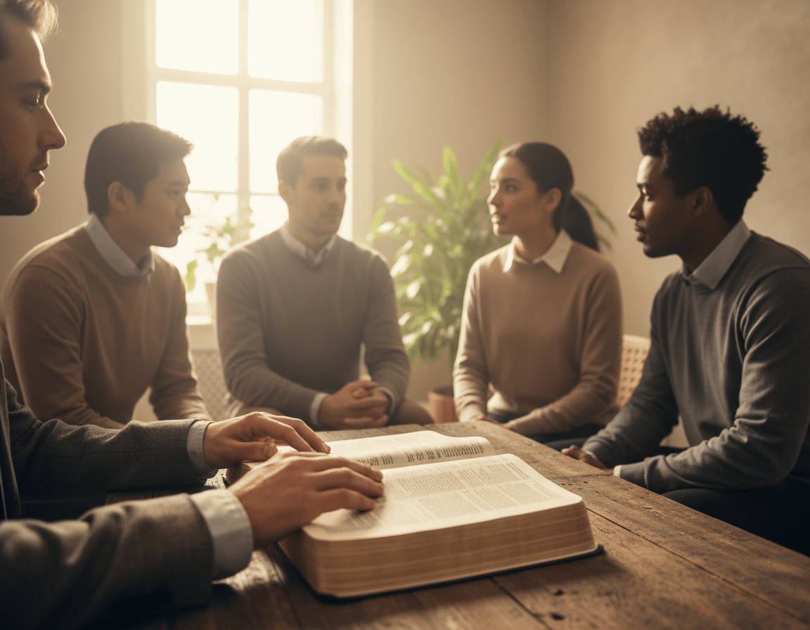A serene and reflective scene depicting the meaning of the ninth commandment for daily speech and relationships. In the foreground, an open Bible rests on a rustic wooden table, its pages softly illuminated by warm, natural light. Nearby, a pair of hands, clothed in modest business attire, are gently pointing at the scripture, symbolizing guidance and truth. In the middle of the composition, a diverse group of people—two men and two women—engaged in a calm discussion, showcasing diversity in ethnicity and gender. They are dressed in professional casual wear, reflecting warmth and openness in their expressions. In the background, a softly lit room with neutral tones and a few plants, creating a peaceful, inviting atmosphere that emphasizes faith and connection. A serene and reflective scene depicting the meaning of the ninth commandment for daily speech and relationships. In the foreground, an open Bible rests on a rustic wooden table, its pages softly illuminated by warm, natural light. Nearby, a pair of hands, clothed in modest business attire, are gently pointing at the scripture, symbolizing guidance and truth. In the middle of the composition, a diverse group of people—two men and two women—engaged in a calm discussion, showcasing diversity in ethnicity and gender. They are dressed in professional casual wear, reflecting warmth and openness in their expressions. In the background, a softly lit room with neutral tones and a few plants, creating a peaceful, inviting atmosphere that emphasizes faith and connection.