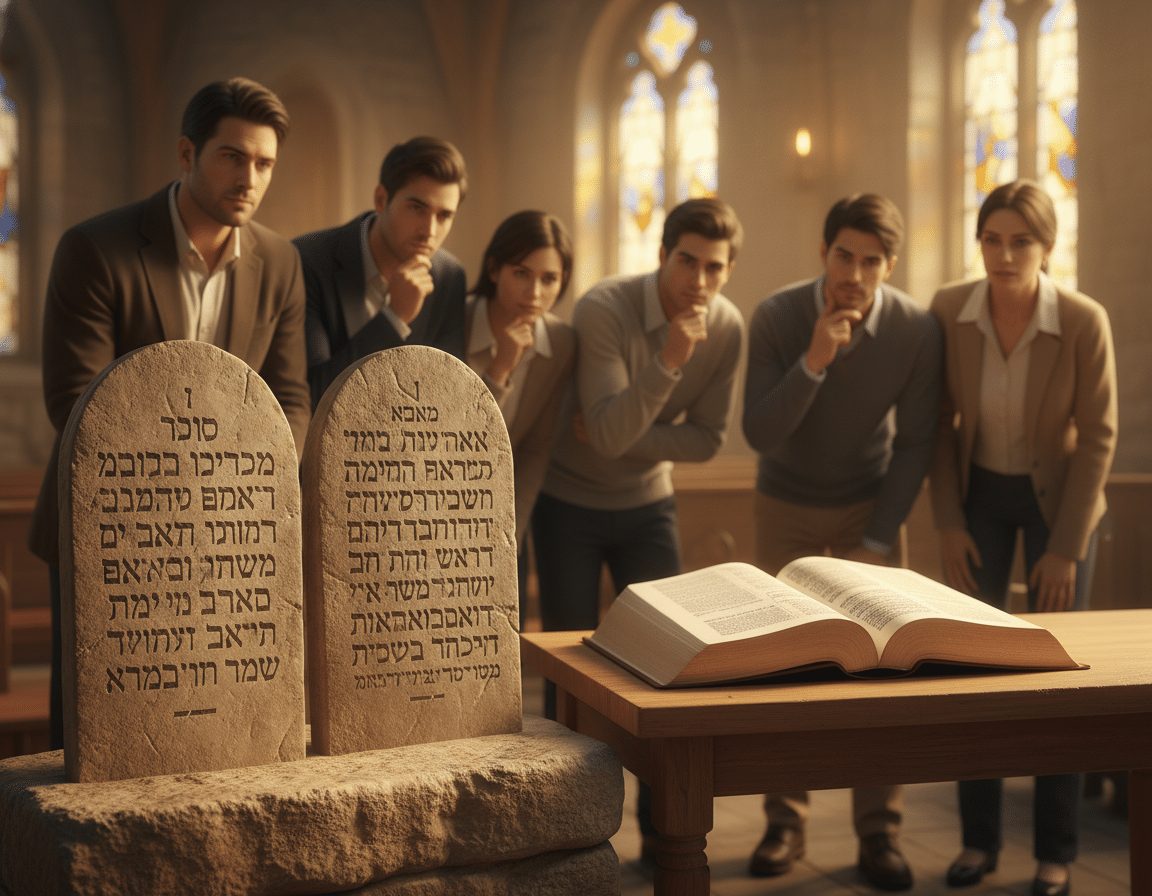 A serene and reverent scene depicting the Ten Commandments as two stone tablets, placed prominently in the foreground, softly illuminated by natural light. In the middle ground, an open Bible lies on a wooden table, its pages slightly ruffled, revealing scriptures that reference the Ten Commandments. The background features a softly blurred, warm-toned chapel interior, with stained glass windows casting gentle hues across the space. A few diverse individuals, dressed in modest, professional attire, lean in, gazing thoughtfully at the tablets and the Bible, embodying a sense of curiosity and contemplation. The mood is peaceful and reflective, evoking feelings of faith and reverence. Emphasize calm tones and warm lighting to enhance the spiritual atmosphere. A serene and reverent scene depicting the Ten Commandments as two stone tablets, placed prominently in the foreground, softly illuminated by natural light. In the middle ground, an open Bible lies on a wooden table, its pages slightly ruffled, revealing scriptures that reference the Ten Commandments. The background features a softly blurred, warm-toned chapel interior, with stained glass windows casting gentle hues across the space. A few diverse individuals, dressed in modest, professional attire, lean in, gazing thoughtfully at the tablets and the Bible, embodying a sense of curiosity and contemplation. The mood is peaceful and reflective, evoking feelings of faith and reverence. Emphasize calm tones and warm lighting to enhance the spiritual atmosphere.