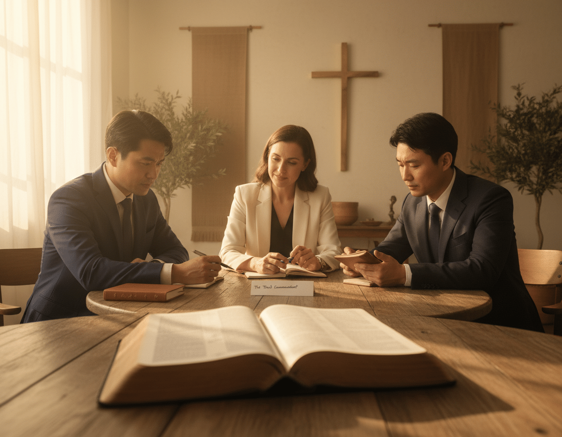 A serene, contemplative scene set in a softly lit room. In the foreground, an open Bible rests on a wooden table, its pages slightly fluttering as if touched by a gentle breeze. Soft, natural light streams in through a nearby window, casting a warm glow across the space. In the middle ground, a diverse group of three individuals—two men and one woman—dressed in professional business attire, sit together in deep conversation. Their expressions reflect thoughtful engagement as they discuss the significance of the Third Commandment. In the background, a simple yet elegant cross hangs on the wall, enhancing the atmosphere of faith, peace, and understanding. The overall mood is warm and inviting, encouraging reflection and contemplation. A serene, contemplative scene set in a softly lit room. In the foreground, an open Bible rests on a wooden table, its pages slightly fluttering as if touched by a gentle breeze. Soft, natural light streams in through a nearby window, casting a warm glow across the space. In the middle ground, a diverse group of three individuals—two men and one woman—dressed in professional business attire, sit together in deep conversation. Their expressions reflect thoughtful engagement as they discuss the significance of the Third Commandment. In the background, a simple yet elegant cross hangs on the wall, enhancing the atmosphere of faith, peace, and understanding. The overall mood is warm and inviting, encouraging reflection and contemplation.