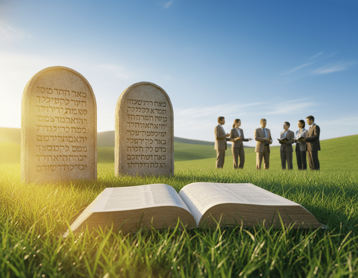 A serene depiction of the Ten Commandments, elegantly represented as two weathered stone tablets standing upright on lush green grass. The foreground features an open Bible with its pages gently fluttering, surrounded by soft morning light that casts a warm glow across the scene. In the middle ground, human figures in modest, professional business attire are engaged in thoughtful discussion about the commandments, embodying fellowship and contemplation. The background is filled with gentle rolling hills and a clear blue sky, creating a peaceful, divine atmosphere. The overall mood exudes faith and tranquility, encouraging reflection on the significance of the Ten Commandments in spiritual teachings. A serene depiction of the Ten Commandments, elegantly represented as two weathered stone tablets standing upright on lush green grass. The foreground features an open Bible with its pages gently fluttering, surrounded by soft morning light that casts a warm glow across the scene. In the middle ground, human figures in modest, professional business attire are engaged in thoughtful discussion about the commandments, embodying fellowship and contemplation. The background is filled with gentle rolling hills and a clear blue sky, creating a peaceful, divine atmosphere. The overall mood exudes faith and tranquility, encouraging reflection on the significance of the Ten Commandments in spiritual teachings.
