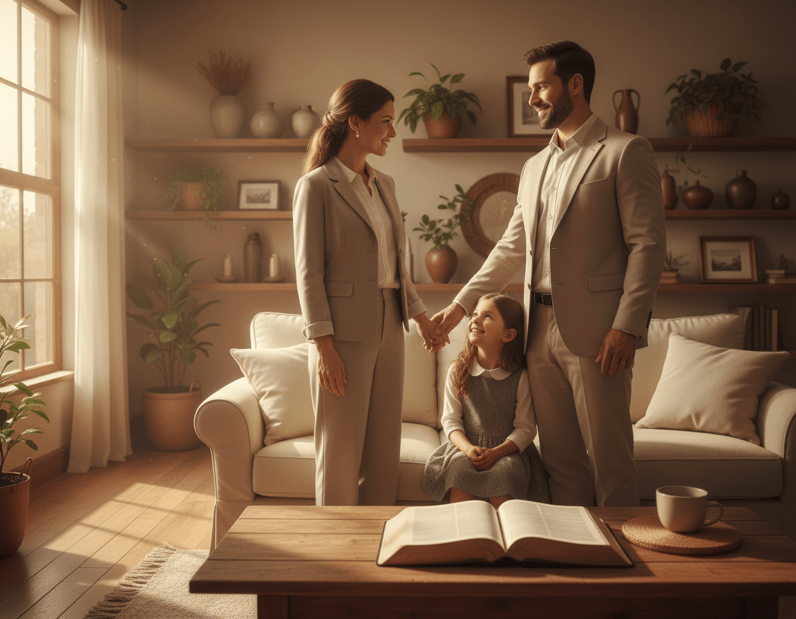 A serene family scene depicting a mother and father holding hands while standing in a softly lit living room. They are dressed in modest, professional attire, radiating warmth and love. The mother looks affectionately at her husband, while the father gently places a hand on their child's shoulder, who is seated on a nearby couch, observing with a smile. In the foreground, an open Bible rests on a coffee table, symbolizing faith and connection. The middle ground shows a cozy setting with tasteful decorations and warm tones, accentuated by natural light streaming through a nearby window. The atmosphere is peaceful, embodying the essence of honoring parents in everyday life with a focus on family unity and love. A serene family scene depicting a mother and father holding hands while standing in a softly lit living room. They are dressed in modest, professional attire, radiating warmth and love. The mother looks affectionately at her husband, while the father gently places a hand on their child's shoulder, who is seated on a nearby couch, observing with a smile. In the foreground, an open Bible rests on a coffee table, symbolizing faith and connection. The middle ground shows a cozy setting with tasteful decorations and warm tones, accentuated by natural light streaming through a nearby window. The atmosphere is peaceful, embodying the essence of honoring parents in everyday life with a focus on family unity and love.