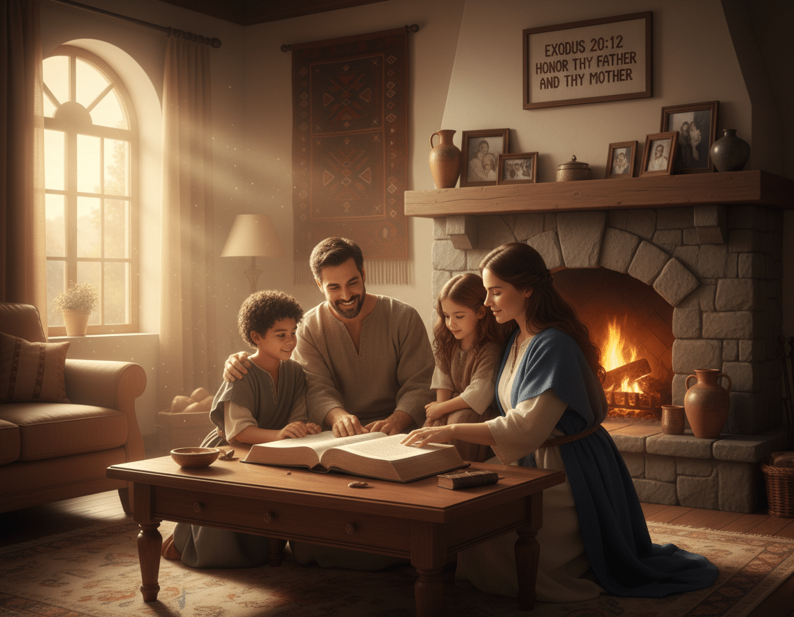 A serene family scene in a cozy living room, capturing the essence of "Exodus 20:12". In the foreground, a diverse family of four, dressed in modest, casual clothing, is gathered around an open Bible on a wooden coffee table. The parents, lovingly engaged with their children, exude warmth and respect. In the middle ground, soft sunlight streams in through a nearby window, creating a gentle, inviting atmosphere. The background features a fireplace adorned with family photos and warm, earthy colors that enhance the sense of nurturing and connection. The overall mood is calm and peaceful, reflecting the values of honor and love outlined in the Fifth Commandment, with natural light emphasizing the faith at the heart of the scene. A serene family scene in a cozy living room, capturing the essence of "Exodus 20:12". In the foreground, a diverse family of four, dressed in modest, casual clothing, is gathered around an open Bible on a wooden coffee table. The parents, lovingly engaged with their children, exude warmth and respect. In the middle ground, soft sunlight streams in through a nearby window, creating a gentle, inviting atmosphere. The background features a fireplace adorned with family photos and warm, earthy colors that enhance the sense of nurturing and connection. The overall mood is calm and peaceful, reflecting the values of honor and love outlined in the Fifth Commandment, with natural light emphasizing the faith at the heart of the scene.