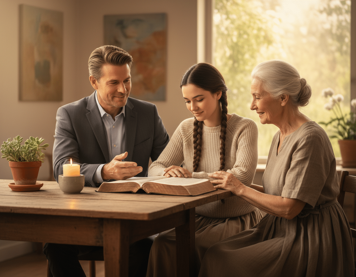 A serene indoor setting bathed in soft, natural light, featuring a diverse group of three people engaged in a thoughtful discussion around an open Bible on a wooden table. In the foreground, a middle-aged man in a professional business suit, a young woman in modest casual attire, and an older woman in a simple dress share smiles and gentle expressions, embodying warmth and connection. In the middle ground, the table is adorned with small, meaningful items like a candle and a potted plant, symbolizing tranquility and growth. The background shows a softly lit room with abstract artwork and a window revealing a glimpse of a peaceful garden, enhancing the atmosphere of contemplation and community. The overall mood is calm and inviting, conveying the importance of connections in human life. A serene indoor setting bathed in soft, natural light, featuring a diverse group of three people engaged in a thoughtful discussion around an open Bible on a wooden table. In the foreground, a middle-aged man in a professional business suit, a young woman in modest casual attire, and an older woman in a simple dress share smiles and gentle expressions, embodying warmth and connection. In the middle ground, the table is adorned with small, meaningful items like a candle and a potted plant, symbolizing tranquility and growth. The background shows a softly lit room with abstract artwork and a window revealing a glimpse of a peaceful garden, enhancing the atmosphere of contemplation and community. The overall mood is calm and inviting, conveying the importance of connections in human life.