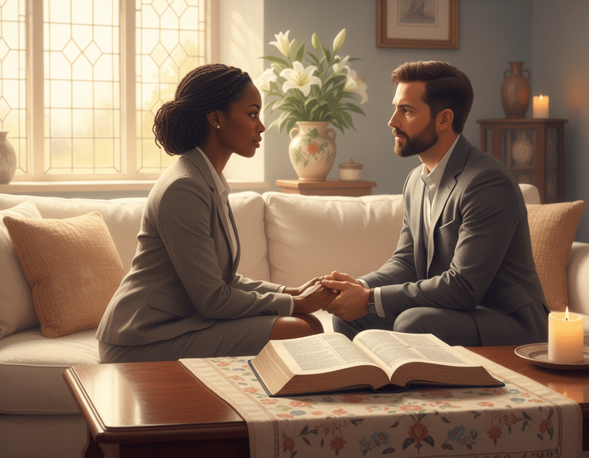 A serene indoor setting that emphasizes the essence of the seventh commandment, featuring an open Bible on a wooden table, its pages gently illuminated by soft, natural light streaming through a nearby window. In the foreground, a diverse couple, dressed in modest, professional business attire, are deeply engaged in a respectful discussion, embodying mutual respect and commitment to their marriage. In the middle ground, the Bible is prominently displayed, open to the relevant passage, symbolizing the foundation of their relationship. The background reveals a warm, cozy environment with subtle elements of home, like soft cushions and a peaceful vase of flowers, creating an atmosphere of tranquility and faith. The overall mood is one of warmth, reflection, and devotion. A serene indoor setting that emphasizes the essence of the seventh commandment, featuring an open Bible on a wooden table, its pages gently illuminated by soft, natural light streaming through a nearby window. In the foreground, a diverse couple, dressed in modest, professional business attire, are deeply engaged in a respectful discussion, embodying mutual respect and commitment to their marriage. In the middle ground, the Bible is prominently displayed, open to the relevant passage, symbolizing the foundation of their relationship. The background reveals a warm, cozy environment with subtle elements of home, like soft cushions and a peaceful vase of flowers, creating an atmosphere of tranquility and faith. The overall mood is one of warmth, reflection, and devotion.